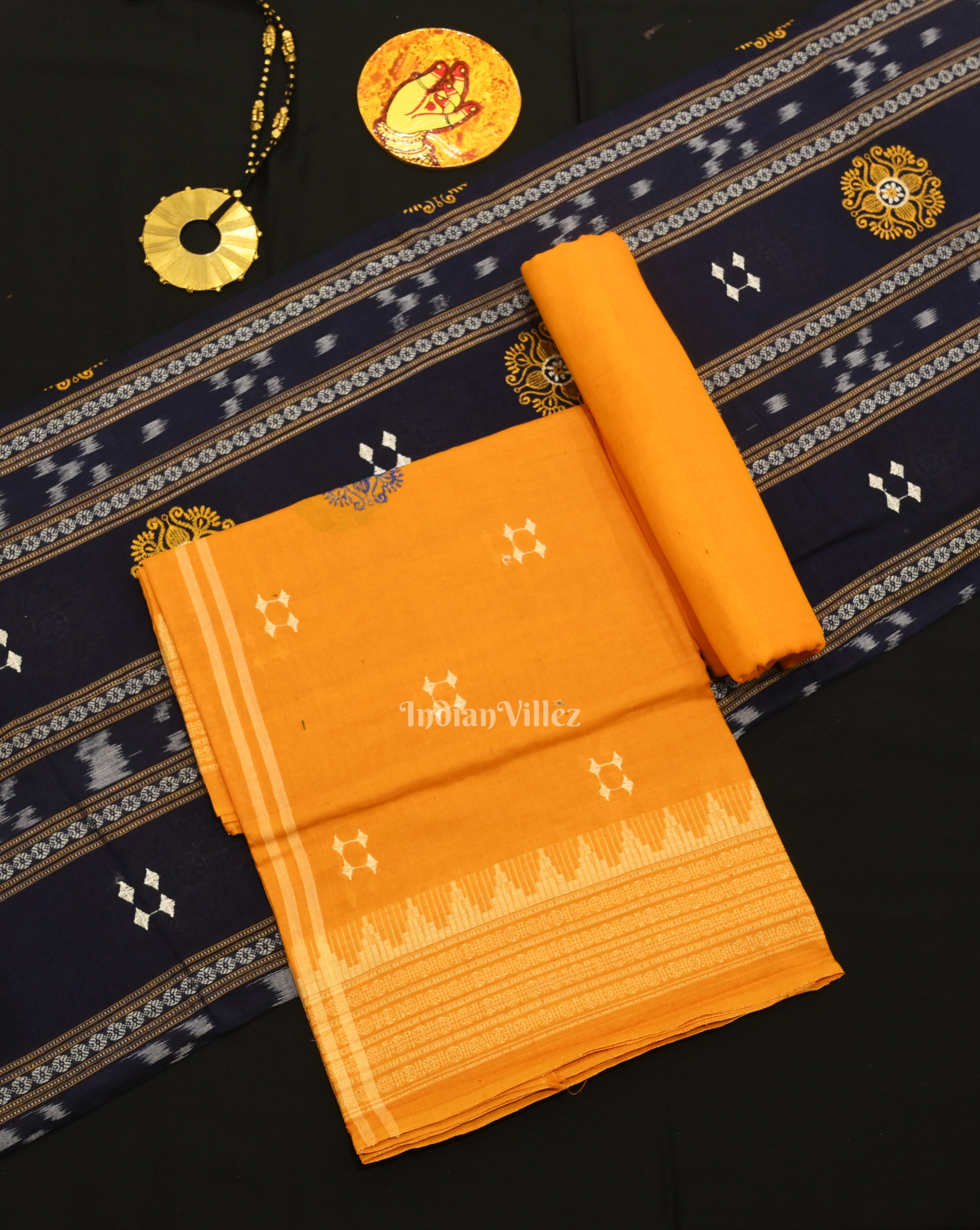 IndianVillèz Blue yellow Sambalpuri Bomkai Cotton Dress set with Dupatta