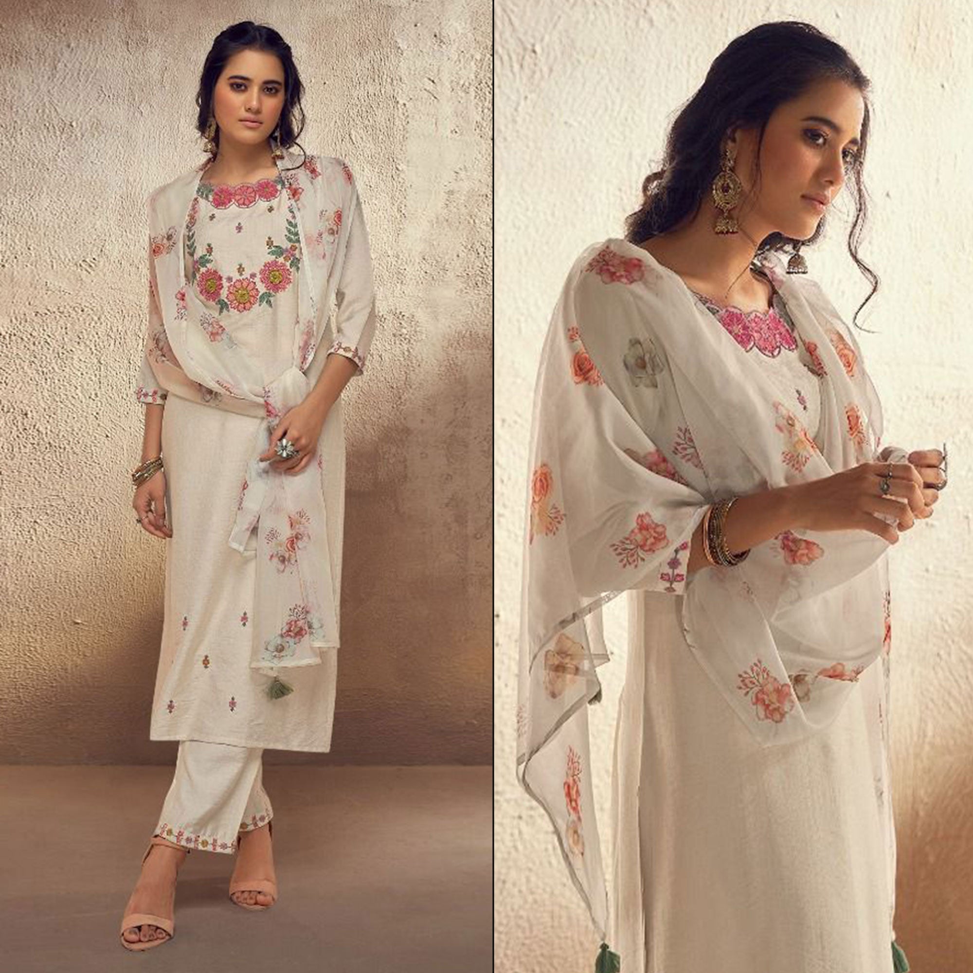 Peachmode Cream Floral Embroidered Viscose Suit