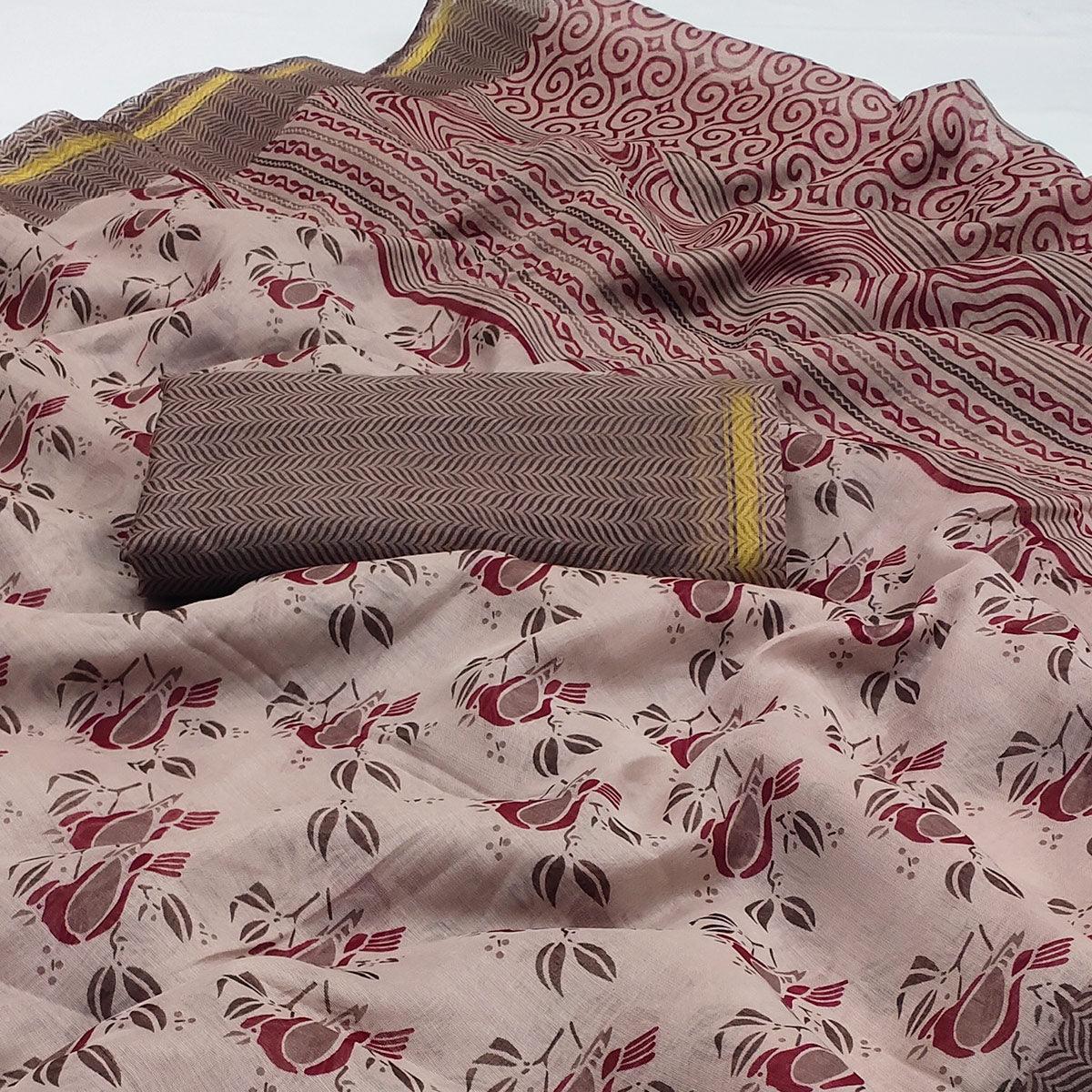 Peachmode Light Brown Floral Printed Cotton Blend Saree - view 2