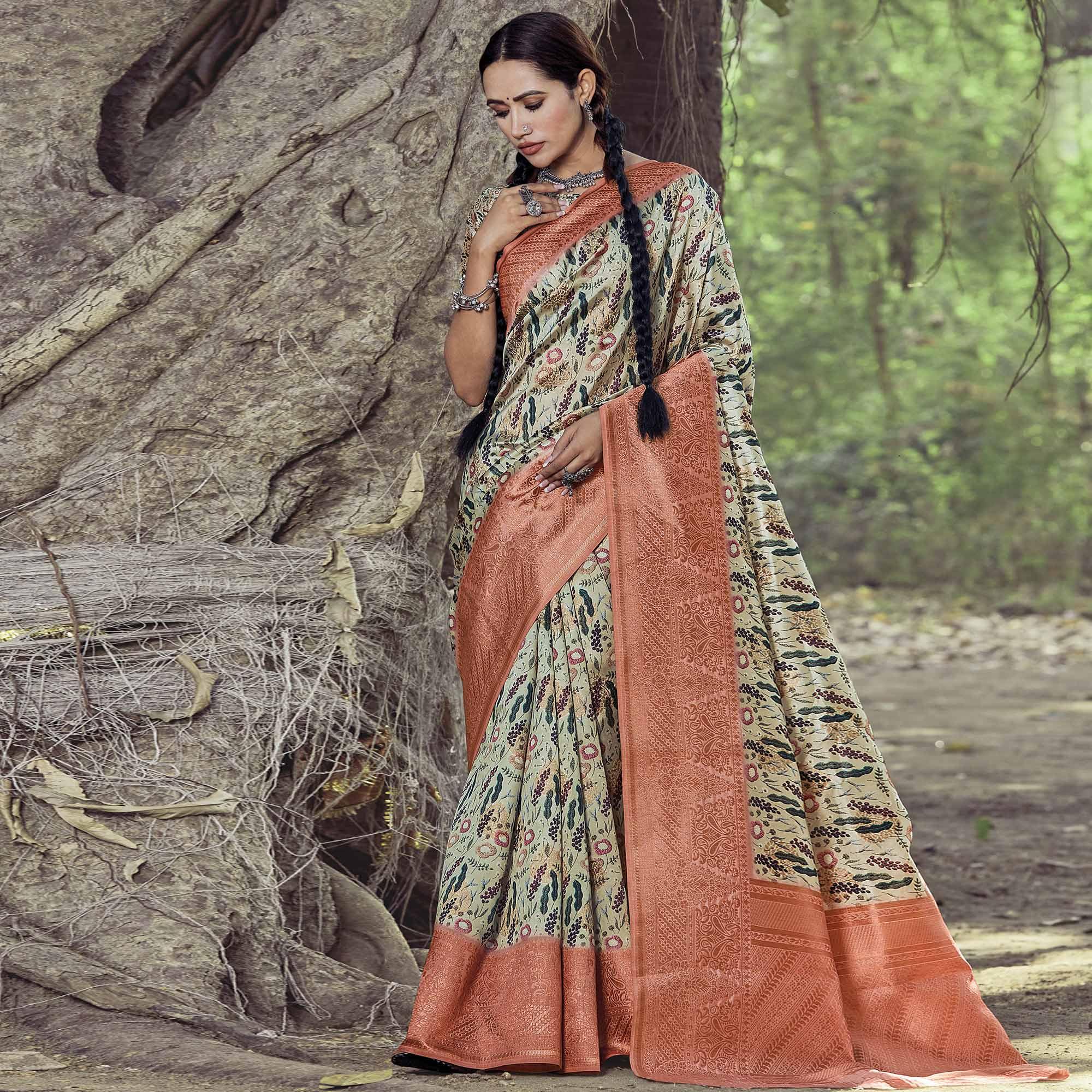 Peachmode Captivating Beige Colored Festive Wear Digital Printed Silk Saree