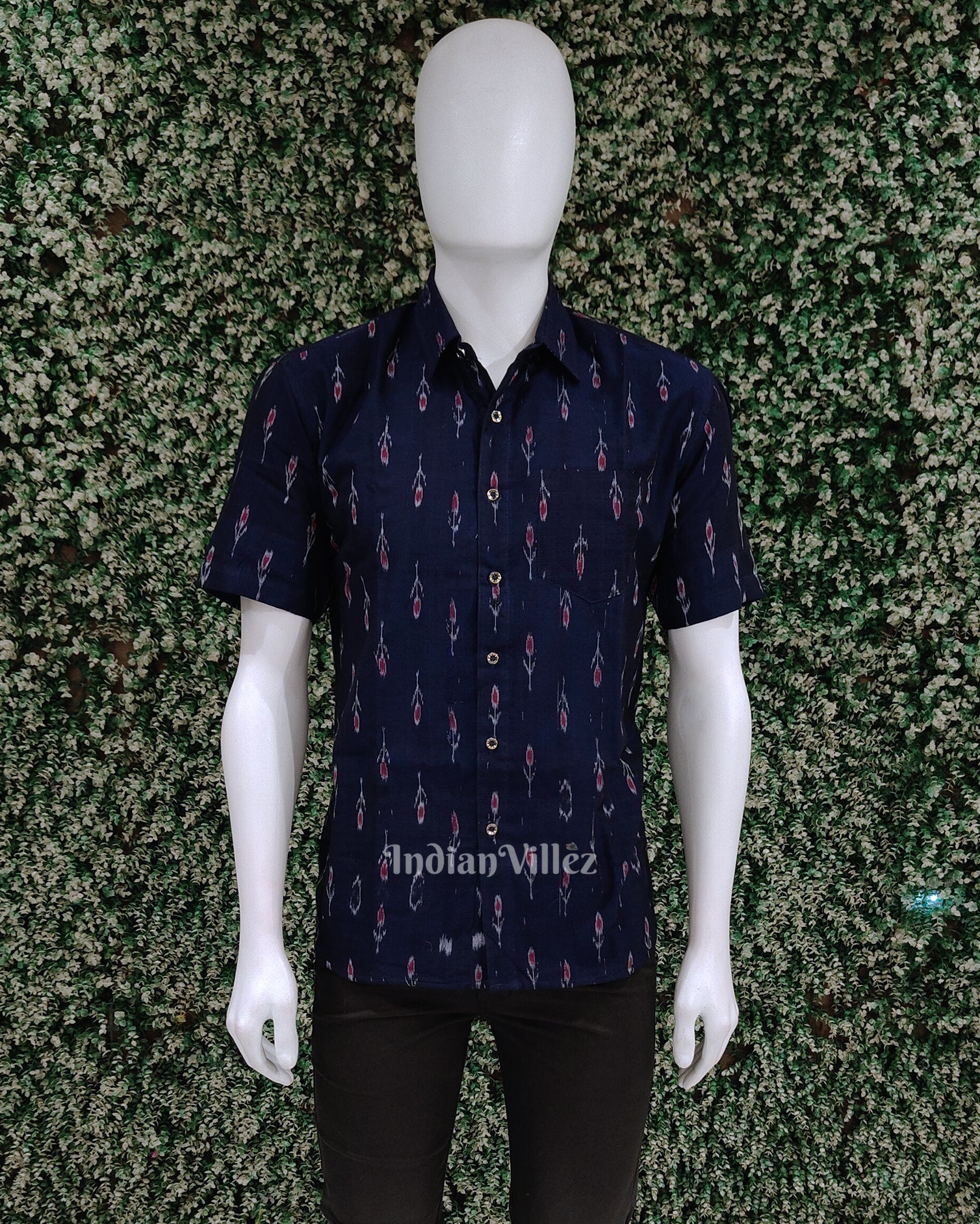 IndianVillèz Blue Mayur Chandrika Odisha Ikat Cotton Half Sleeve Shirt for Men