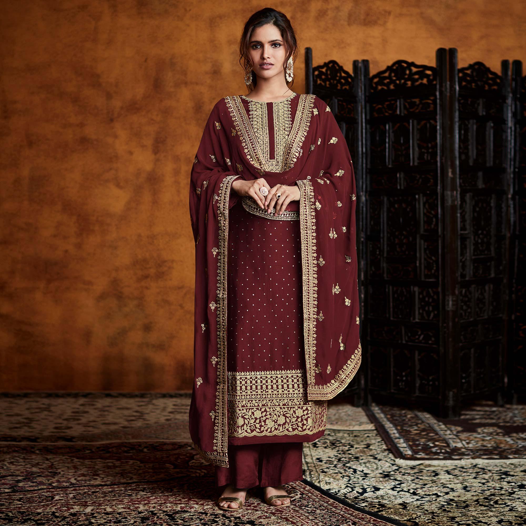 Peachmode Maroon Partywear Sequins Embroidered Real Georgette Palazzo Suit