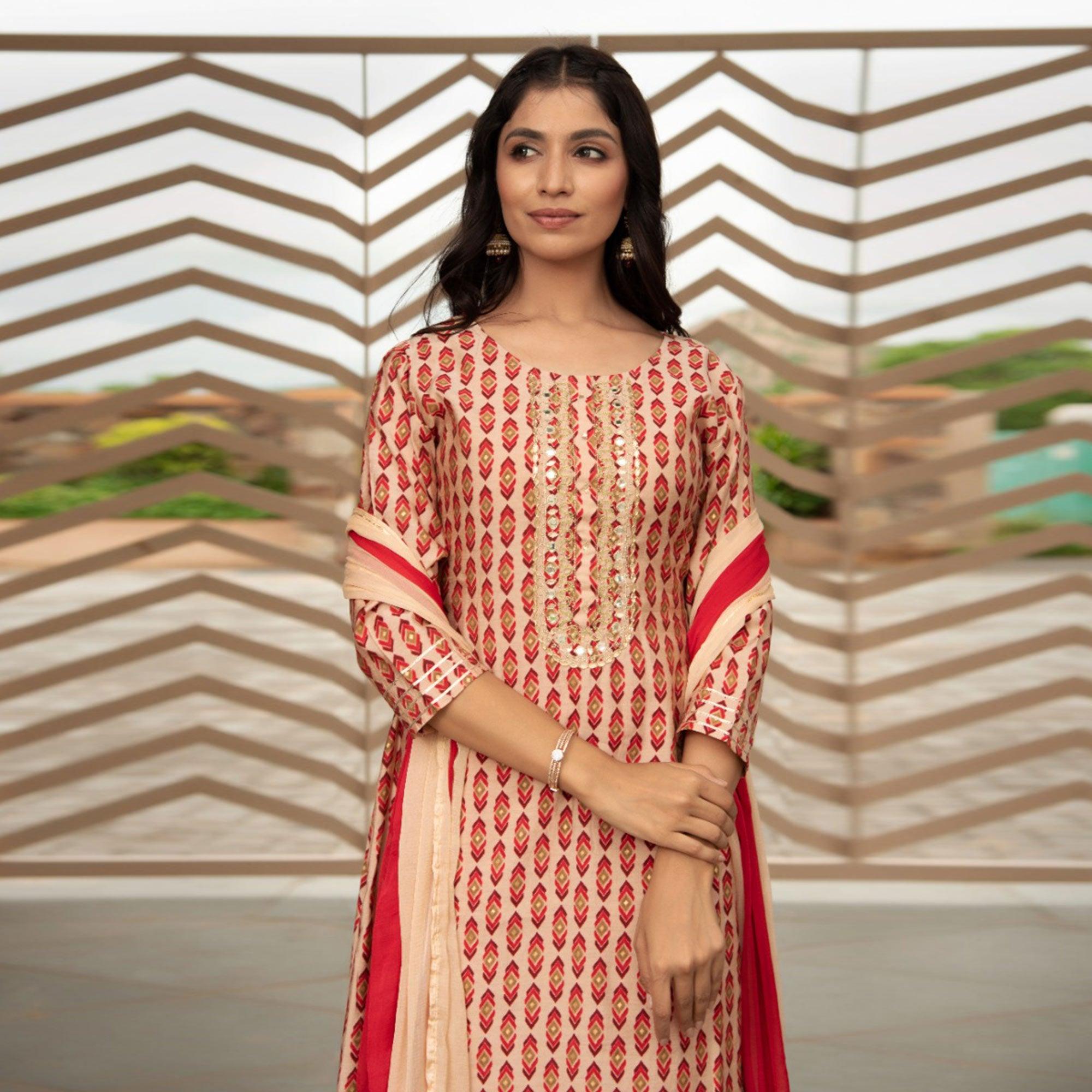 Peachmode Cream Partywear Printed With Embellished Cotton Kurti Pant Set - view 3