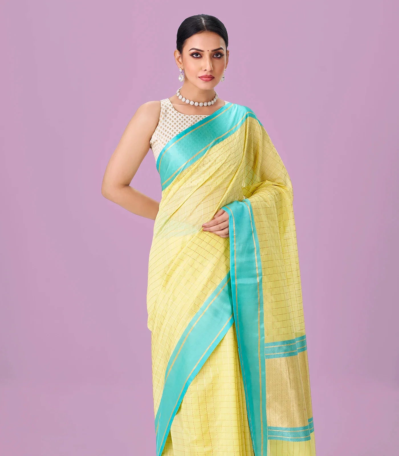 RmKV Yellow Handloom Chanderi Cotton Saree With Zari Checks