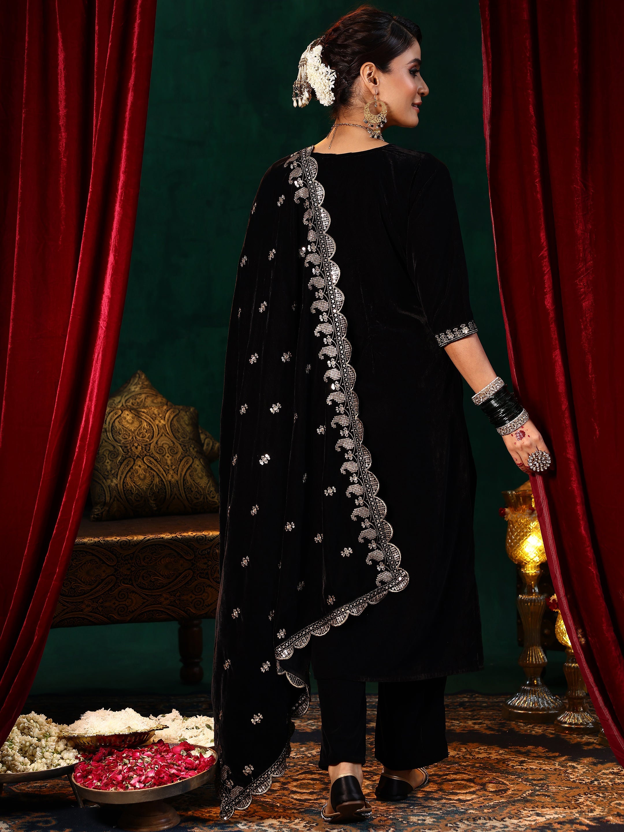 Libas Black Yoke Design Velvet Straight Suit With Dupatta - view 4
