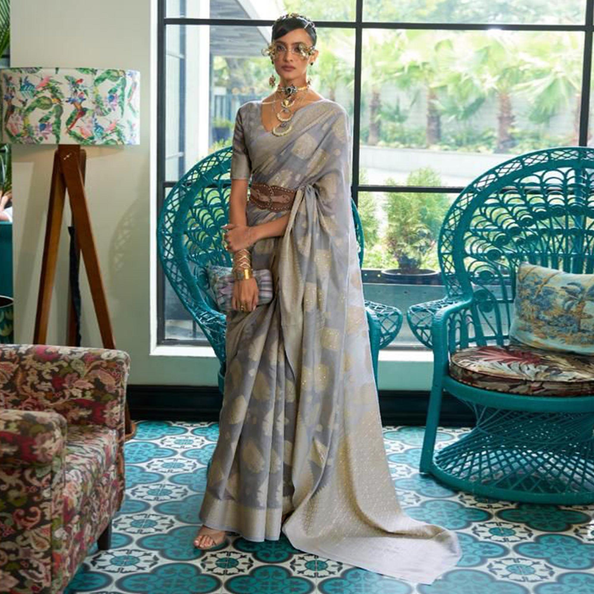 Peachmode Grey Woven-Sequins Handloom Silk Saree