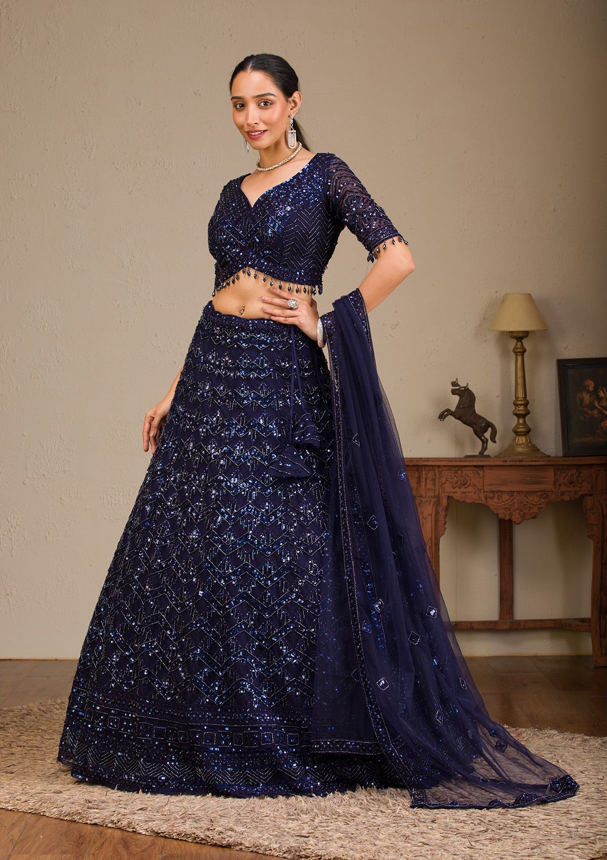 Koskii Navy Blue Sequins Net Readymade Lehenga - view 6
