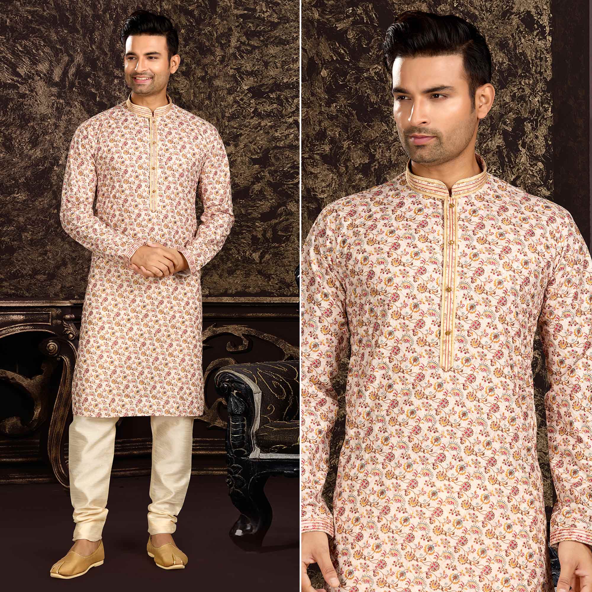Peachmode Seller Cream Lucknowi And Digital Printed Cotton Kurta Pyjama Set