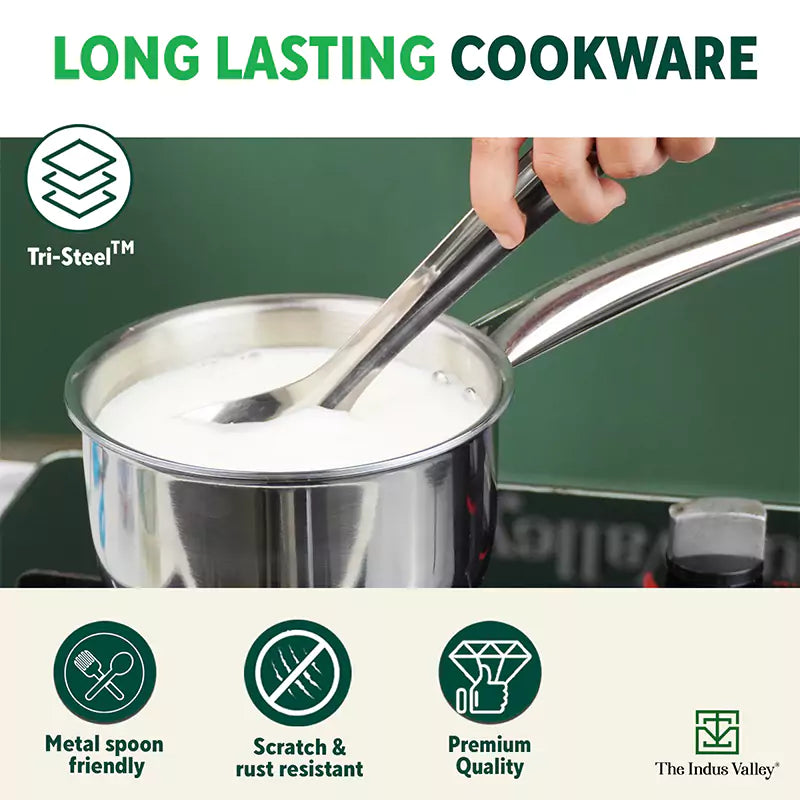 The Indus Valley TurboCuk Tri-ply Stainless Steel Cookware Set: 2.2L Kadai+ 1.4L Frypan+ 1.2L Tea/Milk pan, Premium Quality, 3 Layer Thick Body, 100% - view 7