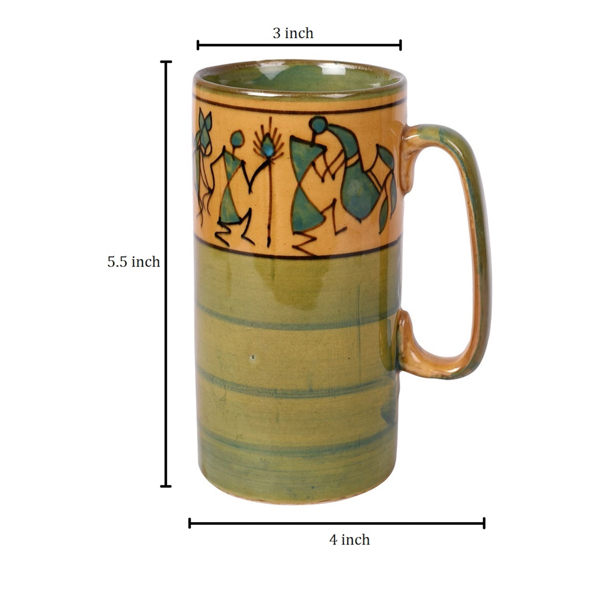 ART CREATIONS BY SUMAN SONTHALIA Green - Mug Ceramic Yellow Warli (Set of 2) (5x3.75x3.1) - view 5