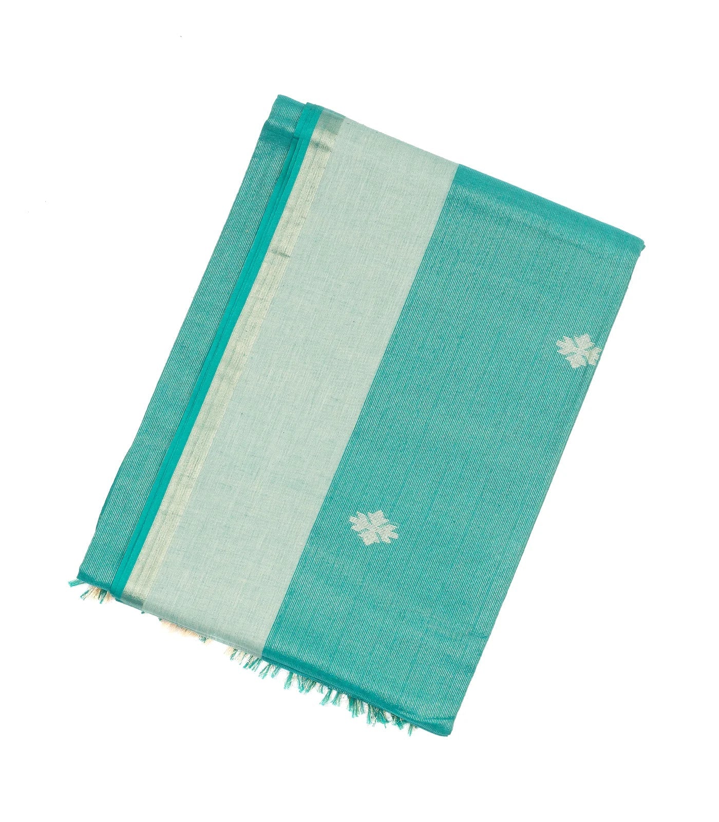 RmKV Turquoise Handloom Bengal Cotton Saree With Stripes & Buttas