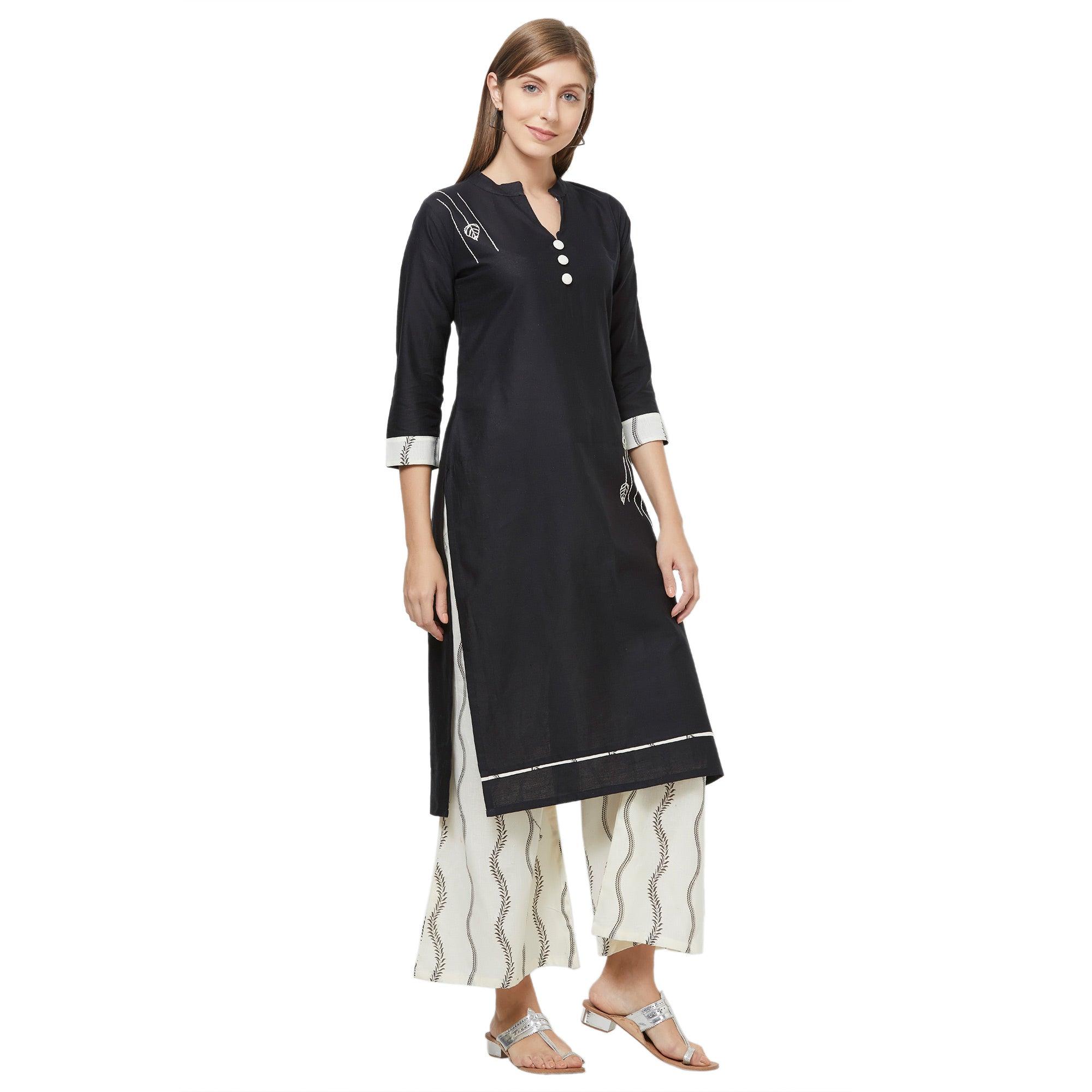 Peachmode Captivating Black Colored Casual Embroidered Cotton Kurti-Palazzo Set - view 4