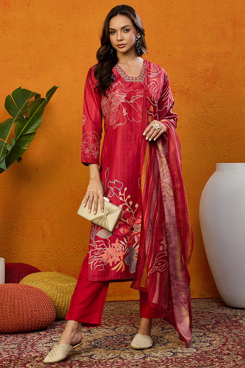 Ahika Red Silk Blend Floral Printed Straight Suit Set PKSKD2458 - view 2