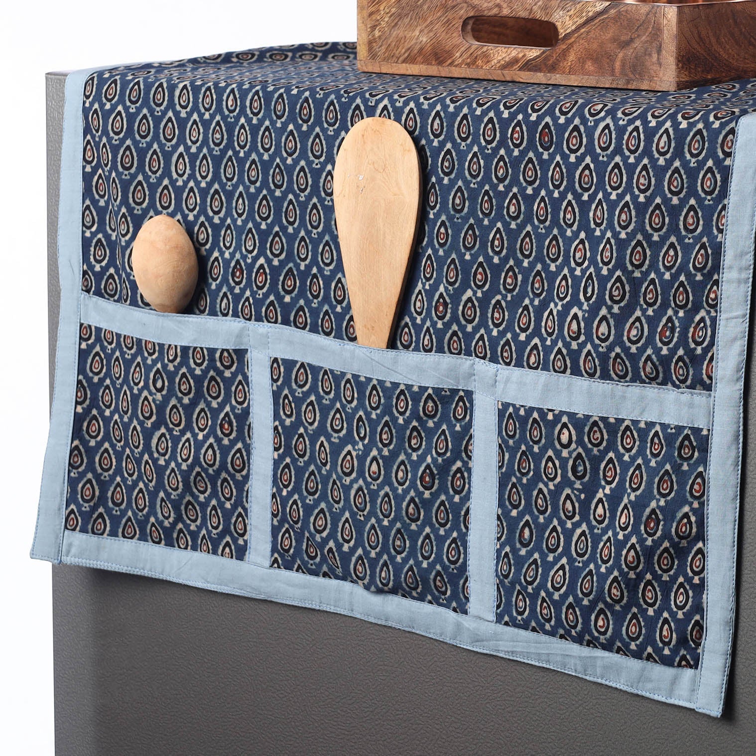 JALPARI Blue - Ajrakh Block Printed Cotton Fridge Top Cover with Multiple Pockets - view 2