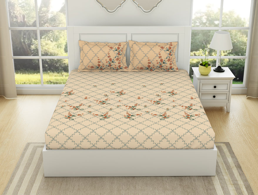 Spaces India Floral Whisper White - Cream 100% Cotton King Size Bedsheet - Lattice By Spaces