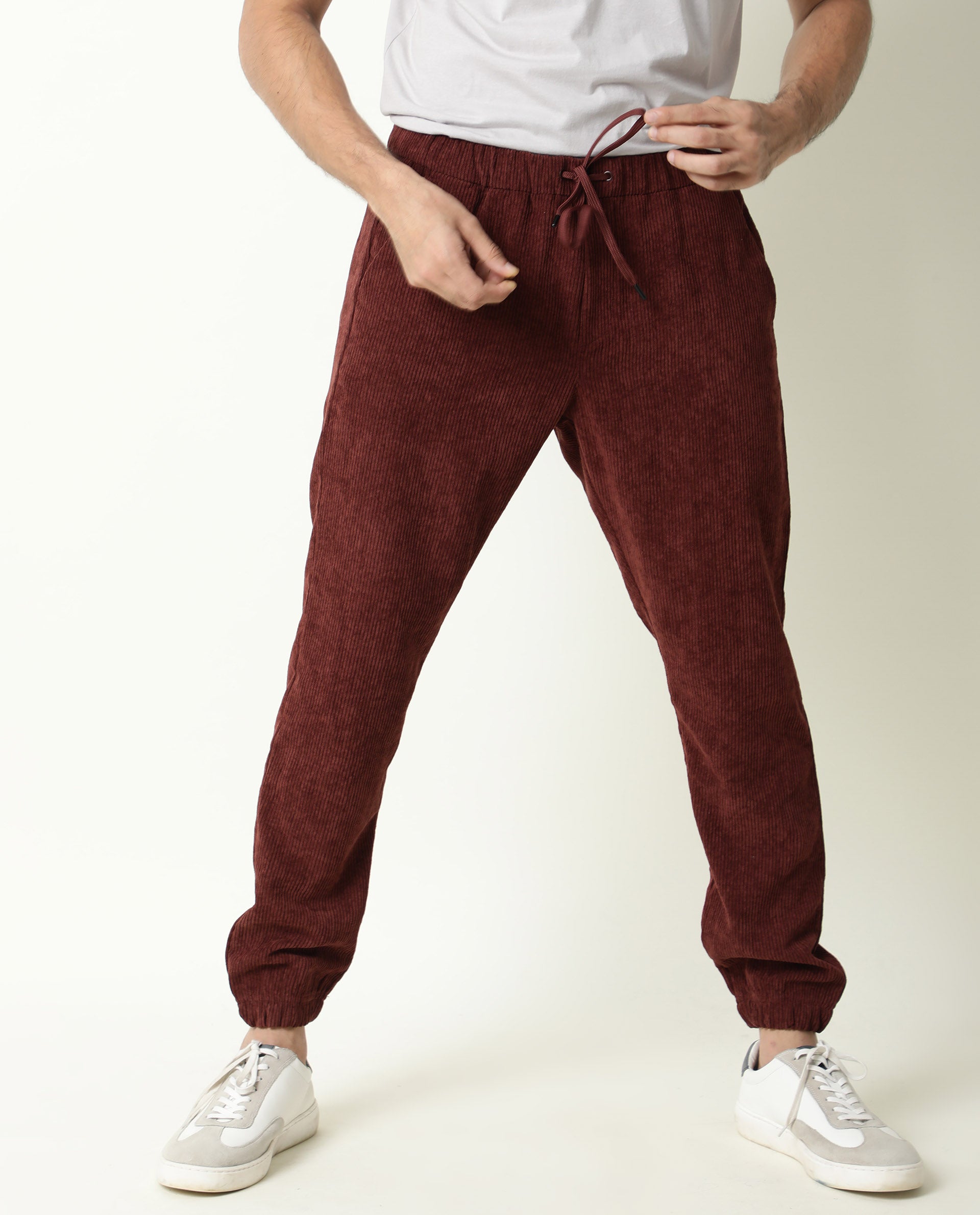 Rare Rabbit Men's Acro Dark Maroon Polyester Fabric Drawstring Corduroy Joggers Trousers - view 5