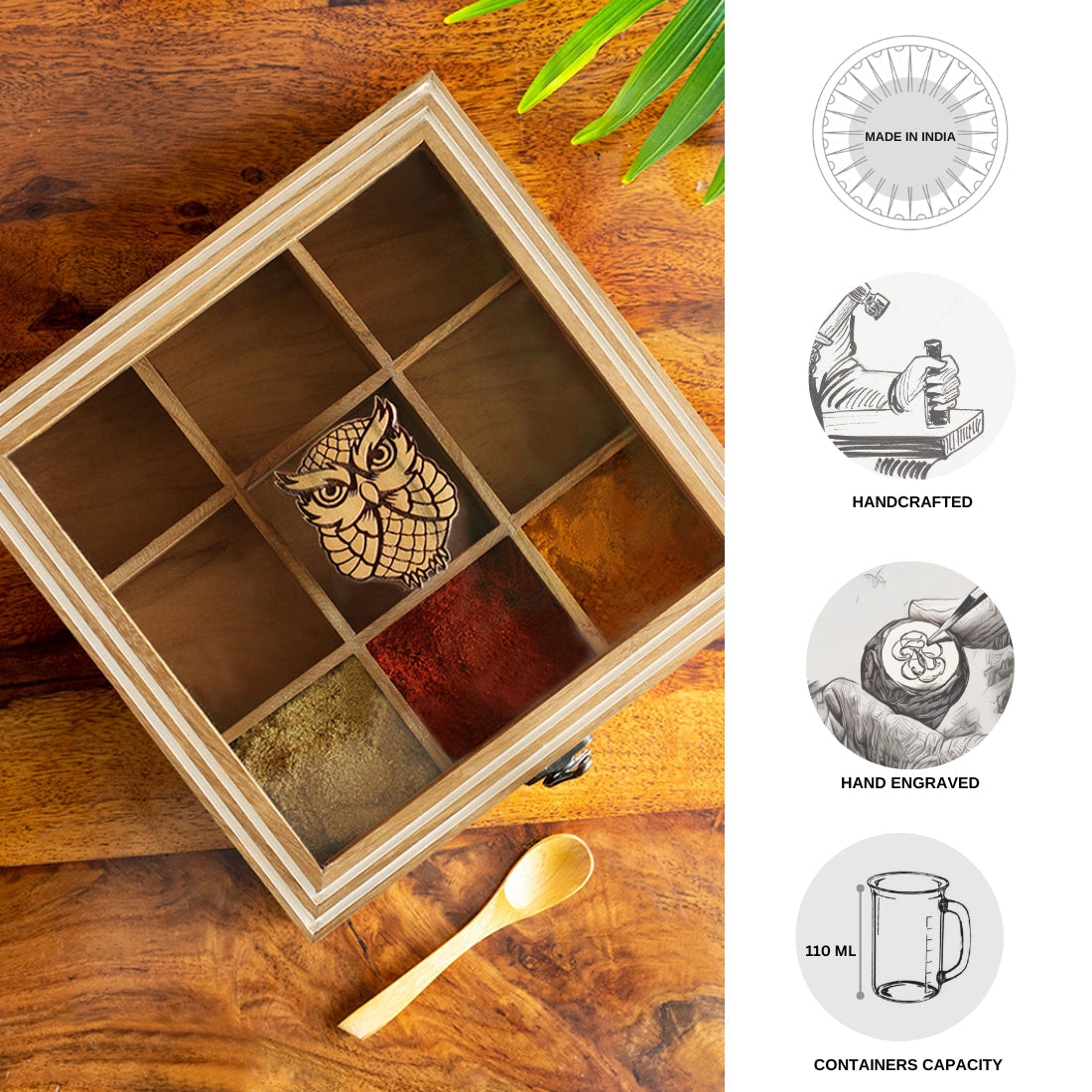 EXCLUSIVELANE 'Mystic Owl' Hand-Engraved Spice Box With Spoon In Teak Wood (9 Fixed Partitions, 110 ml) - view 5