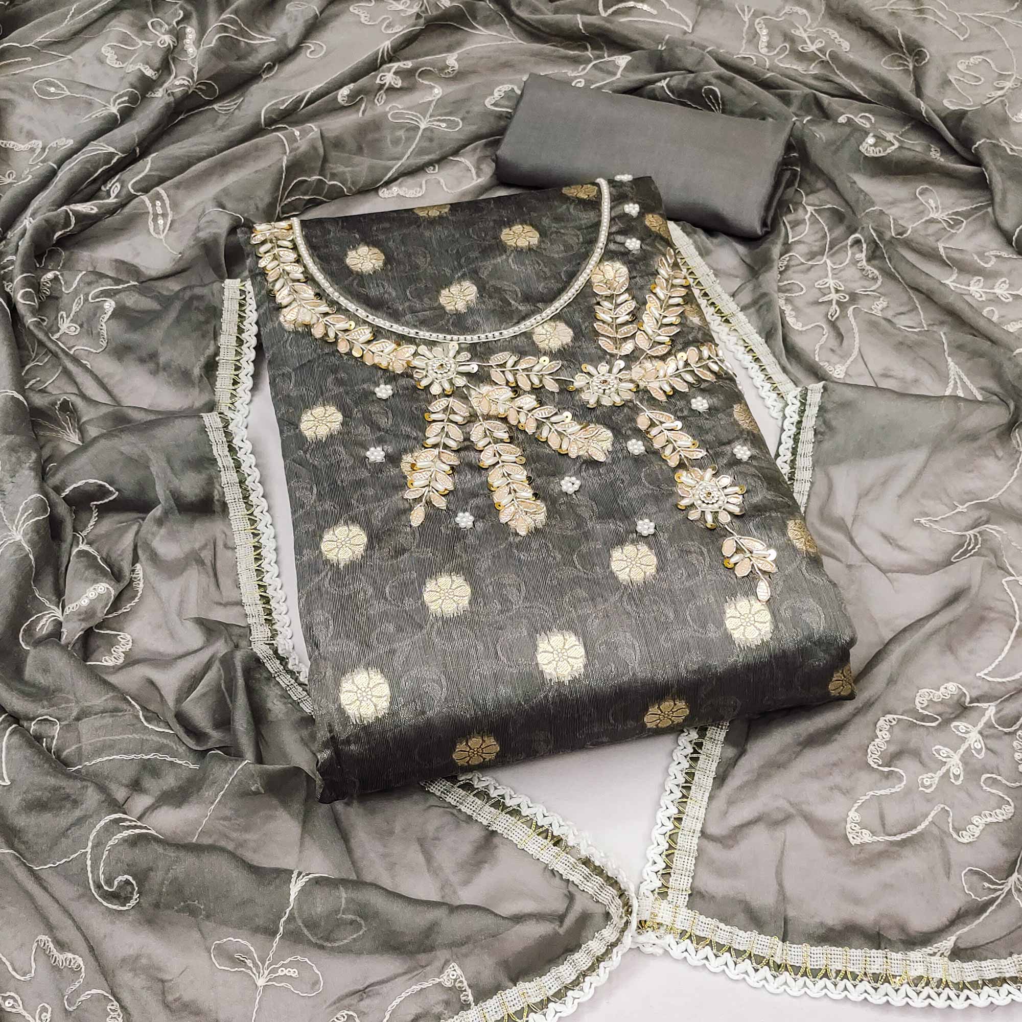 Peachmode Grey Woven Banarasi Silk Dress Material