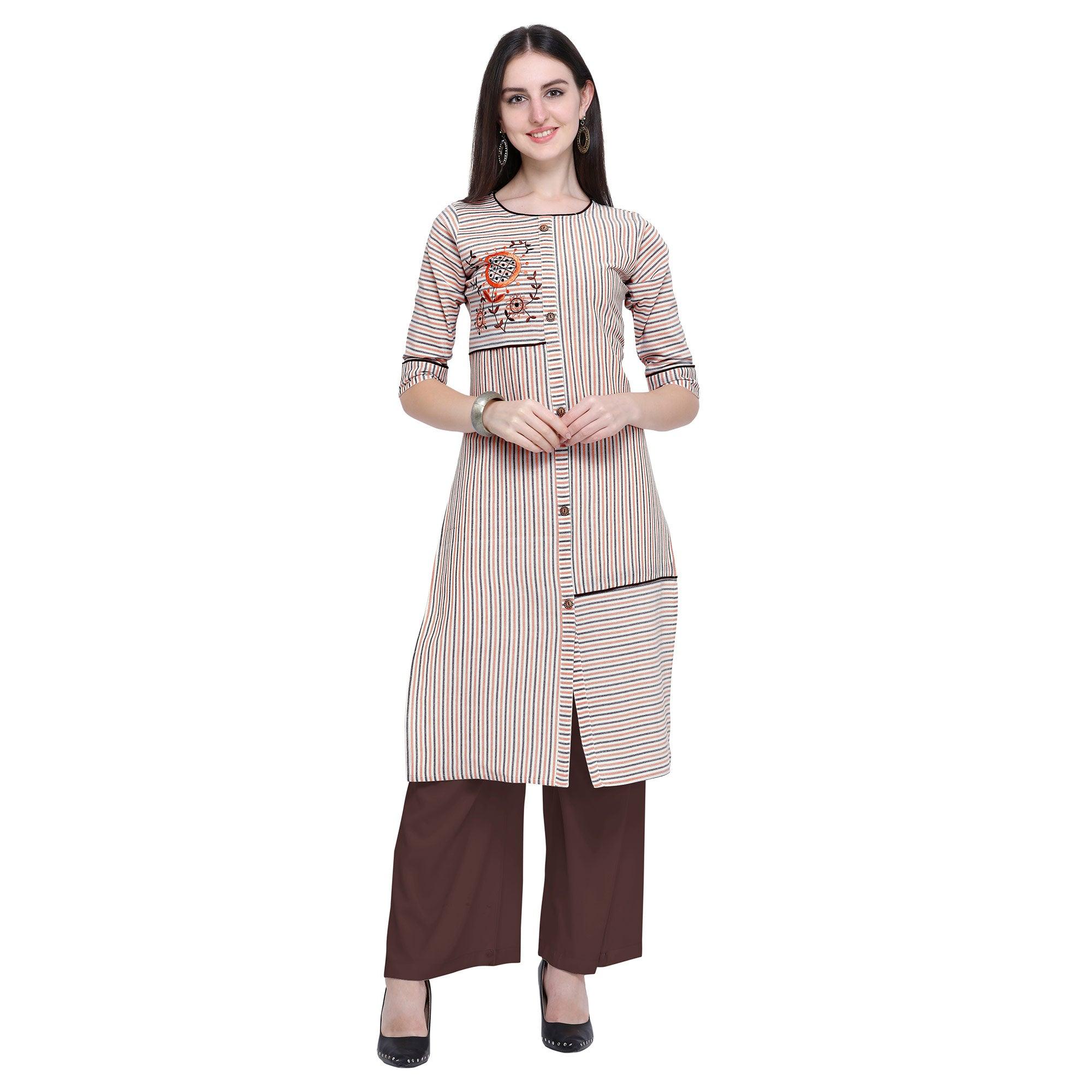 Peachmode Seller Desirable Off White Colored Casual Wear Embroidered Cotton Kurti-Palazzo Set