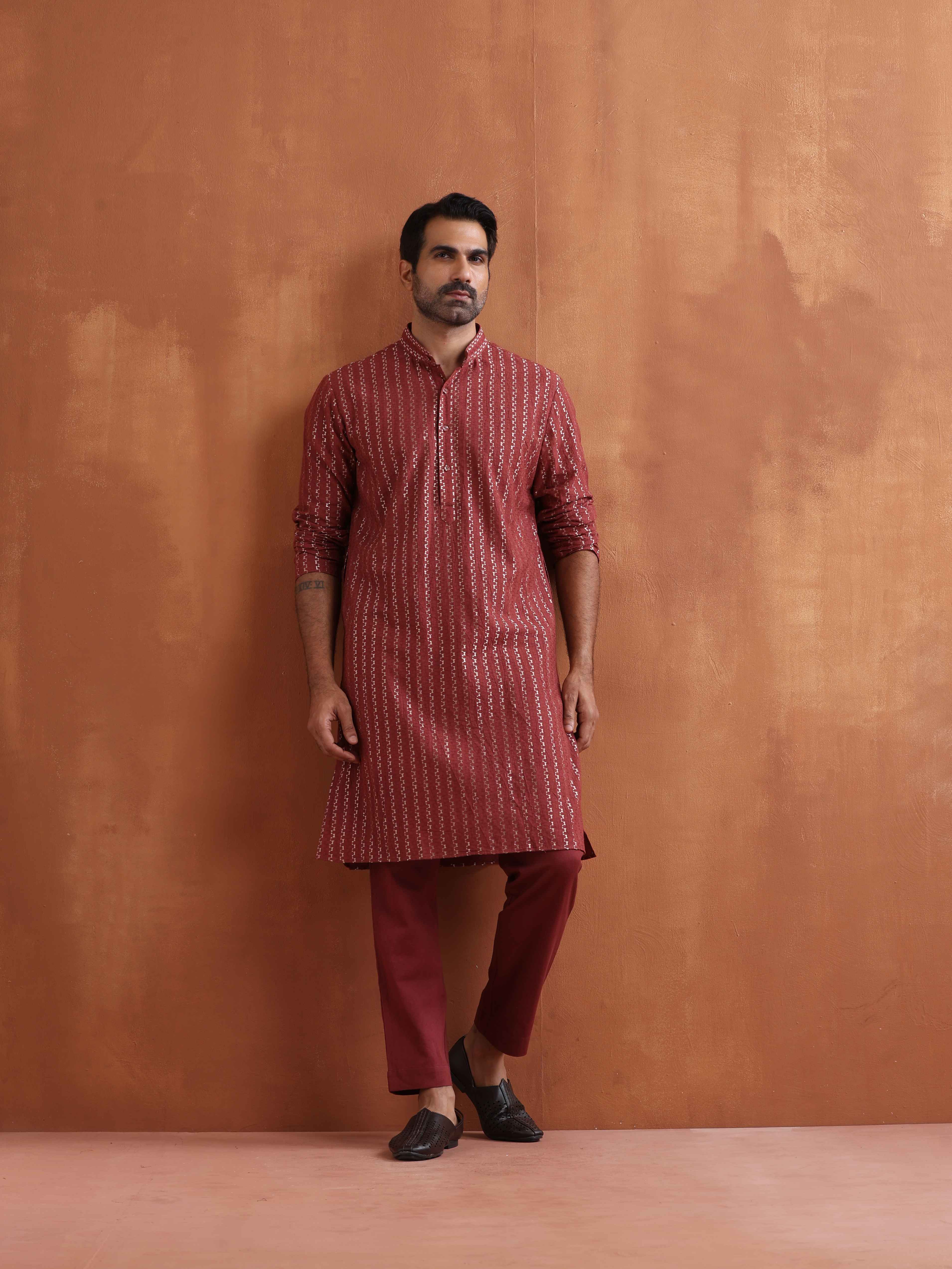 trueBrowns Men's Rust Cotton Dobby Kurta - view 2