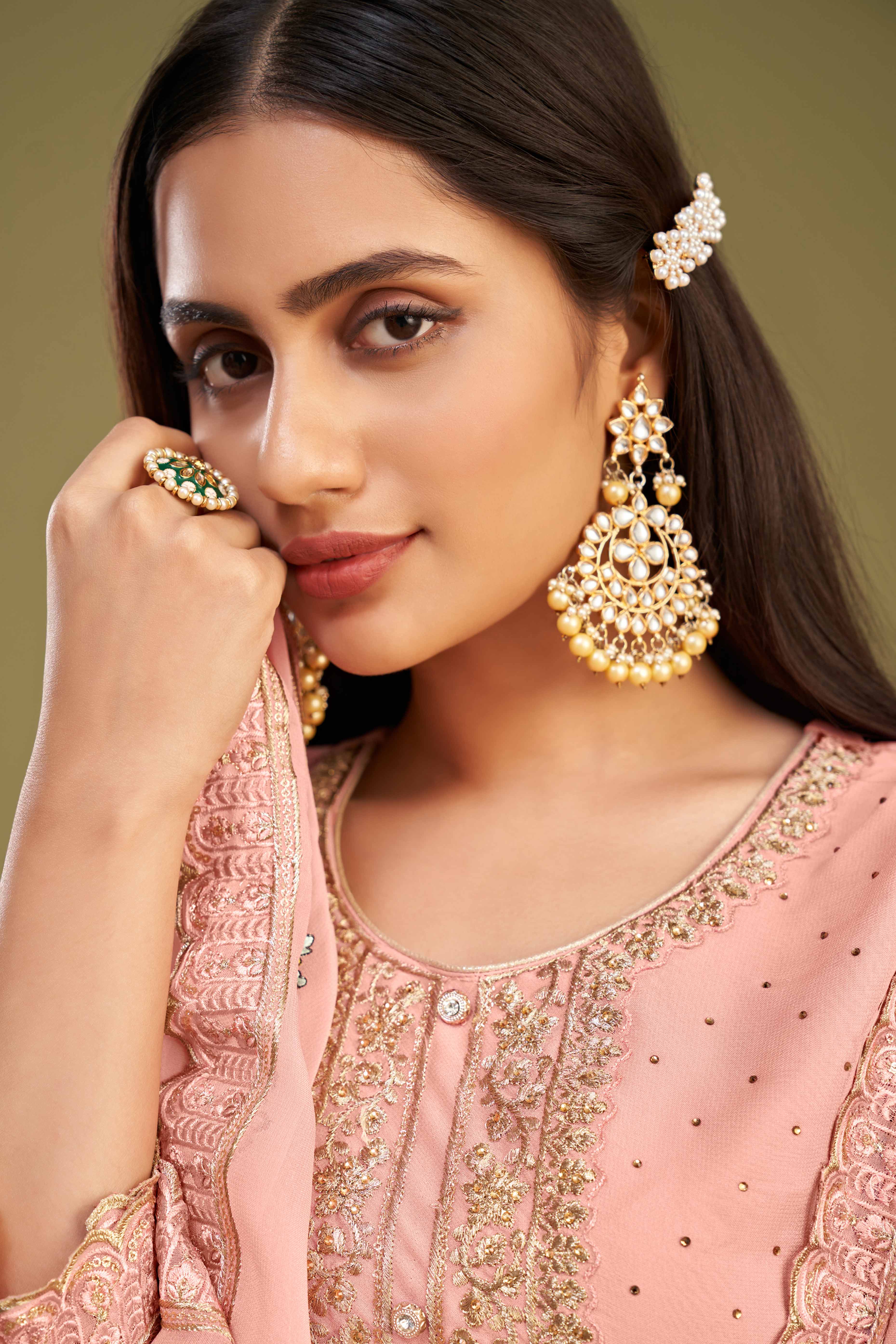 Peachmode Seller Gajari Pink Floral Embroidery With Swarovski Work Georgette Semi Stitched Suit - view 5