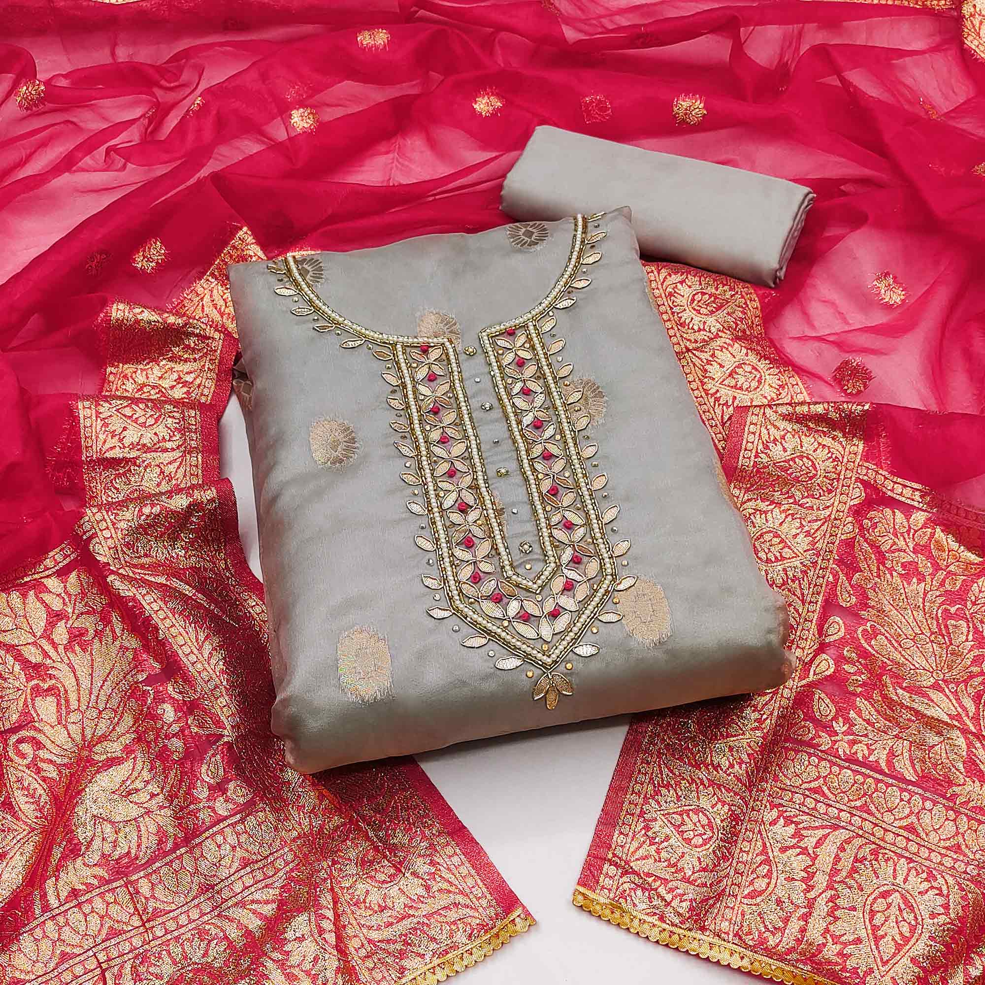 Peachmode Grey Woven With Handwork Organza Dress Material