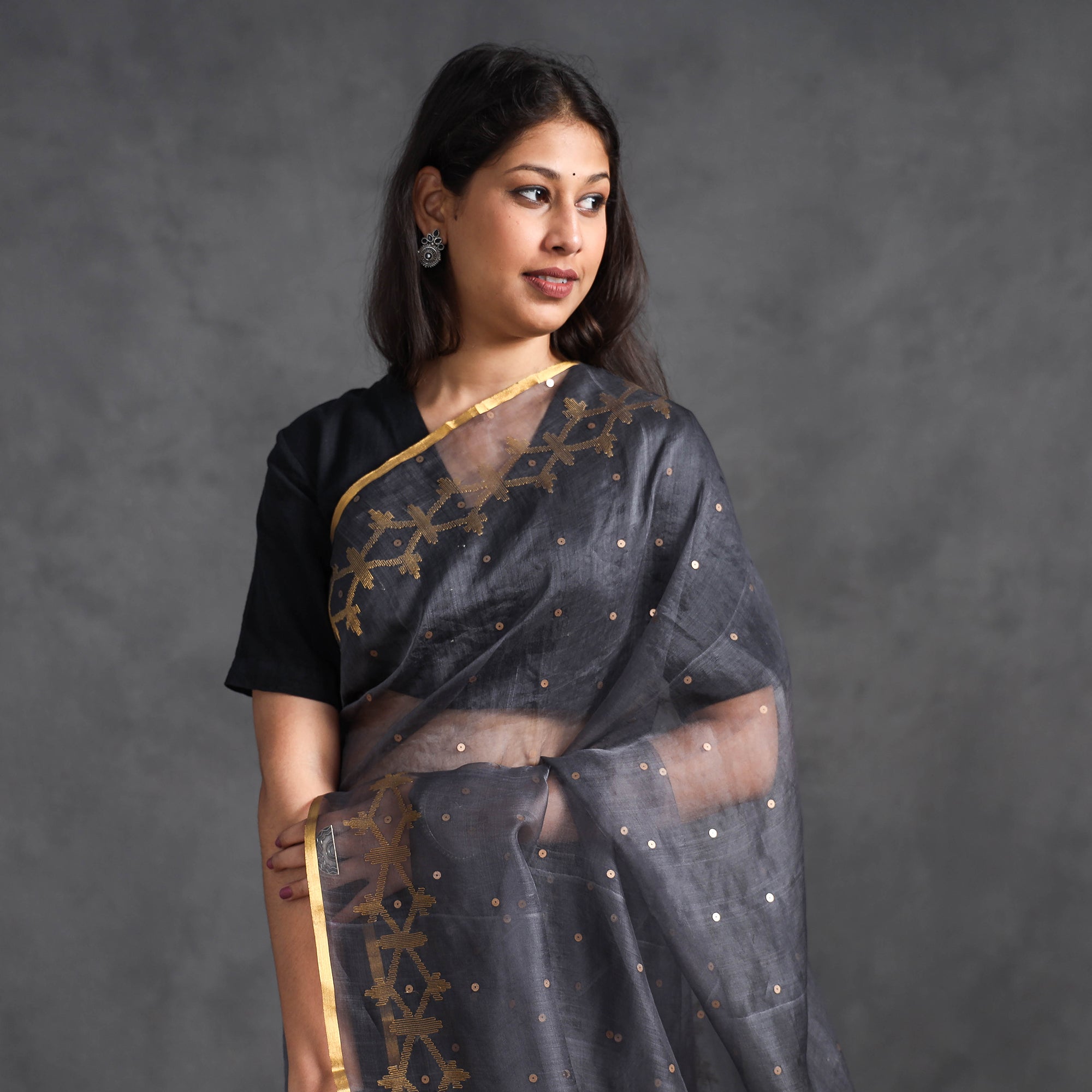KHUSHBASH - HAPPY LOOM OF EAST Black - Burdwan Sequin Work Handloom Muslin Silk Saree - view 3