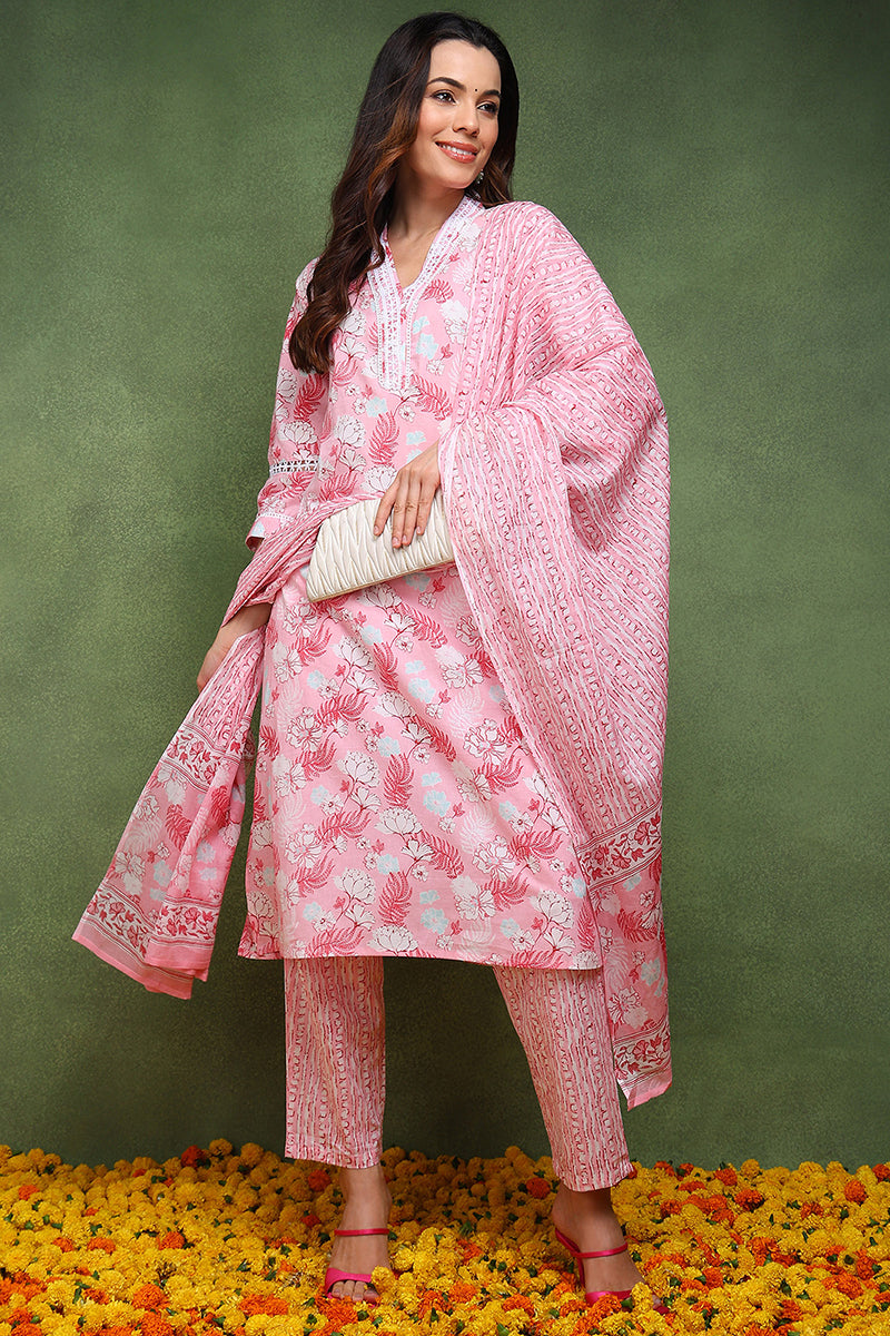 Ahika Pink Pure Cotton Floral Printed Straight Suit Set JPSKD1015PNK