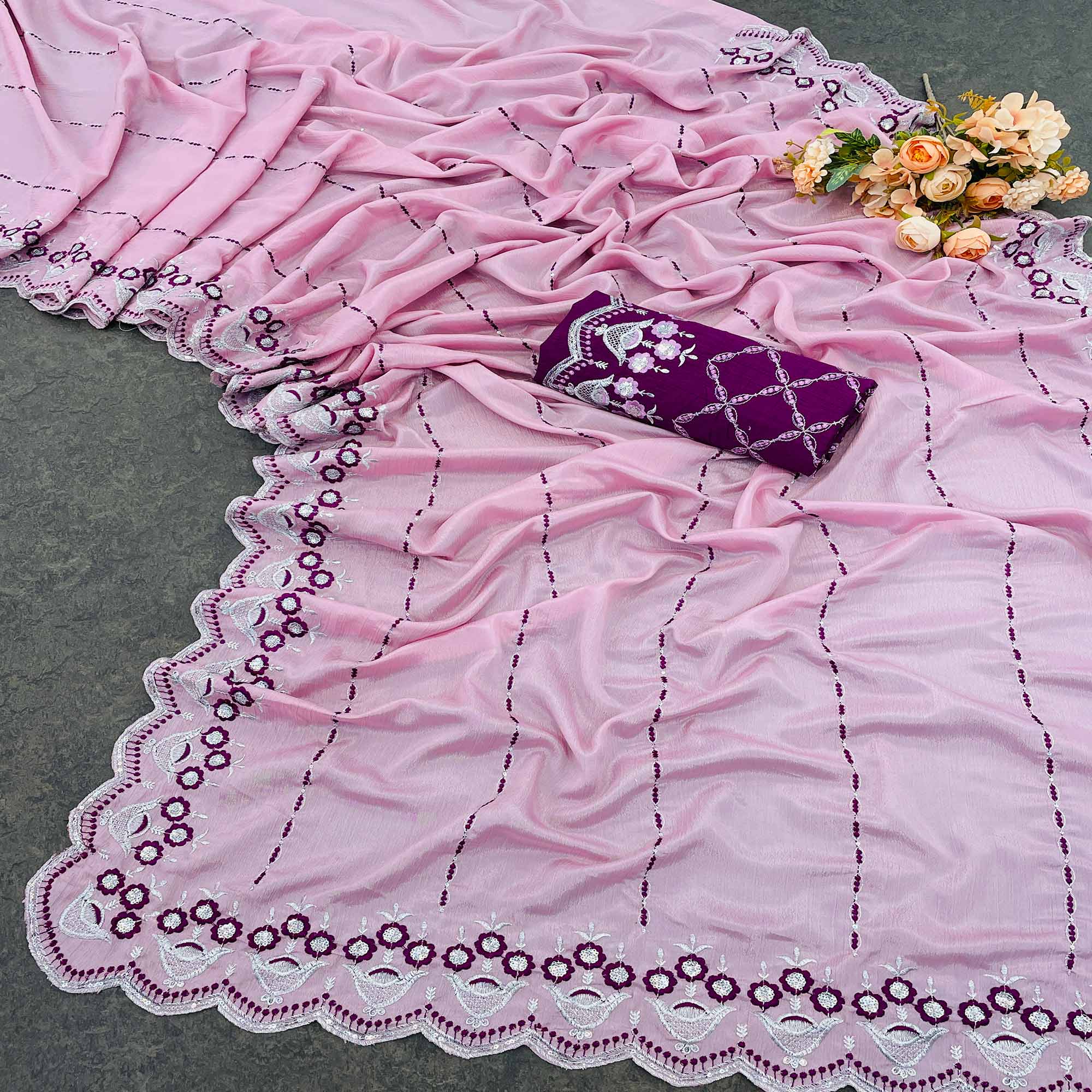 Peachmode Light Pink Sequins Embroidered Chinon Saree