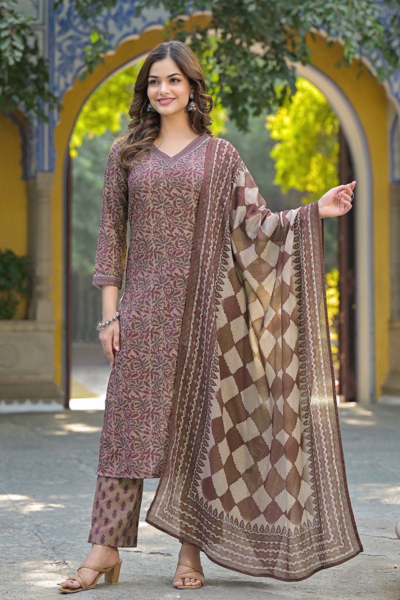 Ahika Brown Cotton Blend Floral Printed Straight Trouser Suit Set VKSKD2302 - view 2