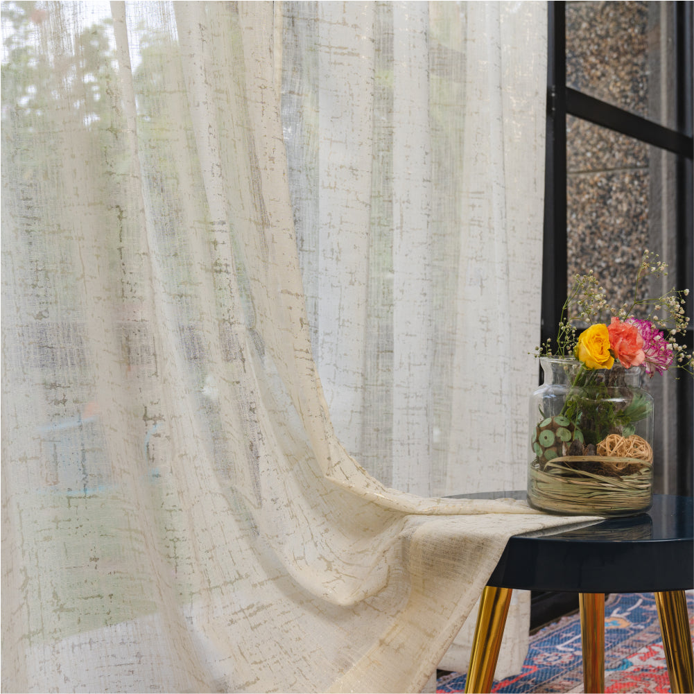 Urban Space -Home Furnishing Store Linen Textured Metallic Gold Foil Sheer Curtains, Pack of 2 Curtains - Sparkle - Butter Cream