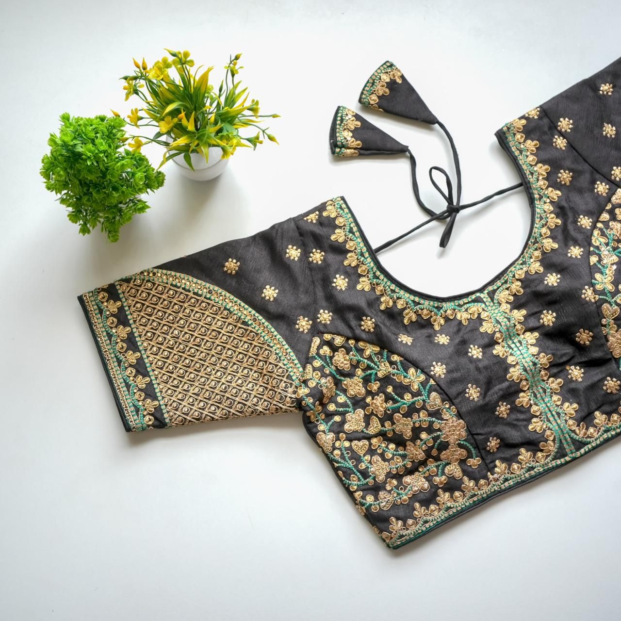 ClothsVilla Grey Mulmul Silk Blouse with Golden Embroidery and Sequins - view 2