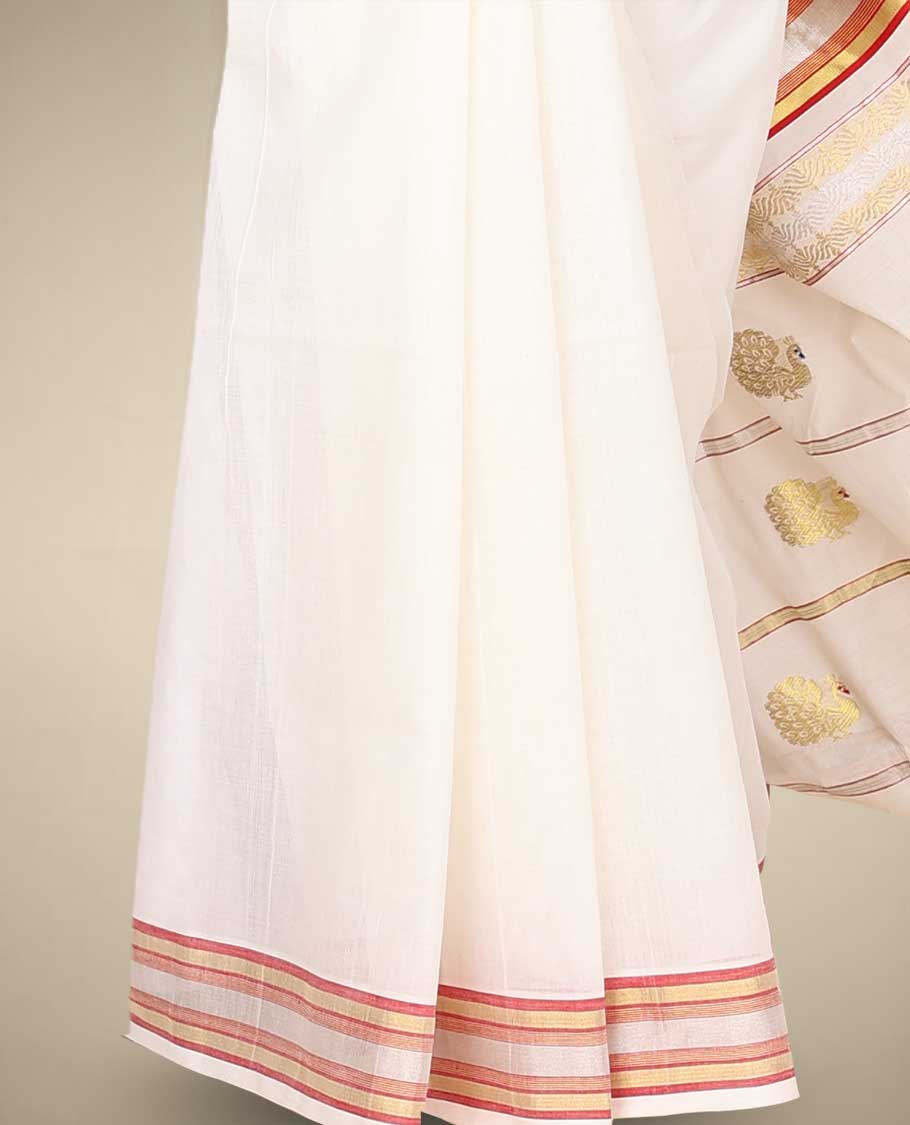 Pothys Cream kerala saree with zari buttas on its body, zari border & pallu features peacock designs - view 2