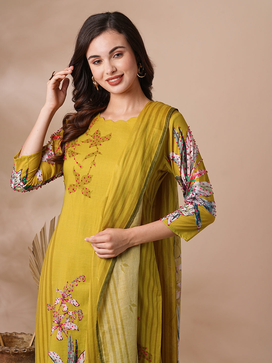 Fashor Floral Printed & Embroidered Straight Kurta with Pant & Dupatta - Lime Green - view 2