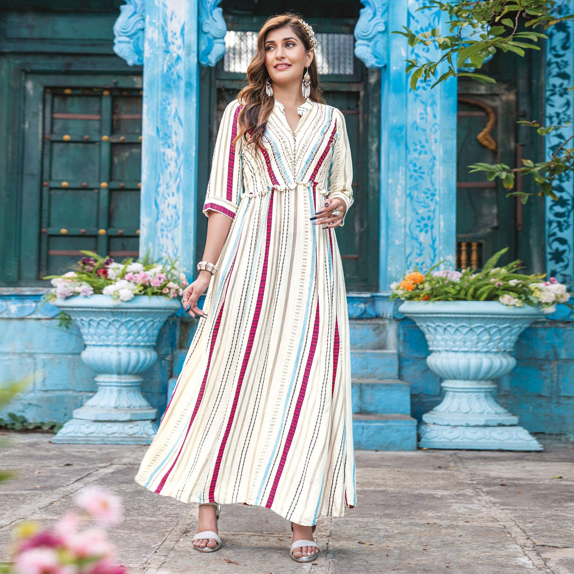 Peachmode Seller Cream Printed With Sequins Embroidered Rayon Kurti - view 2