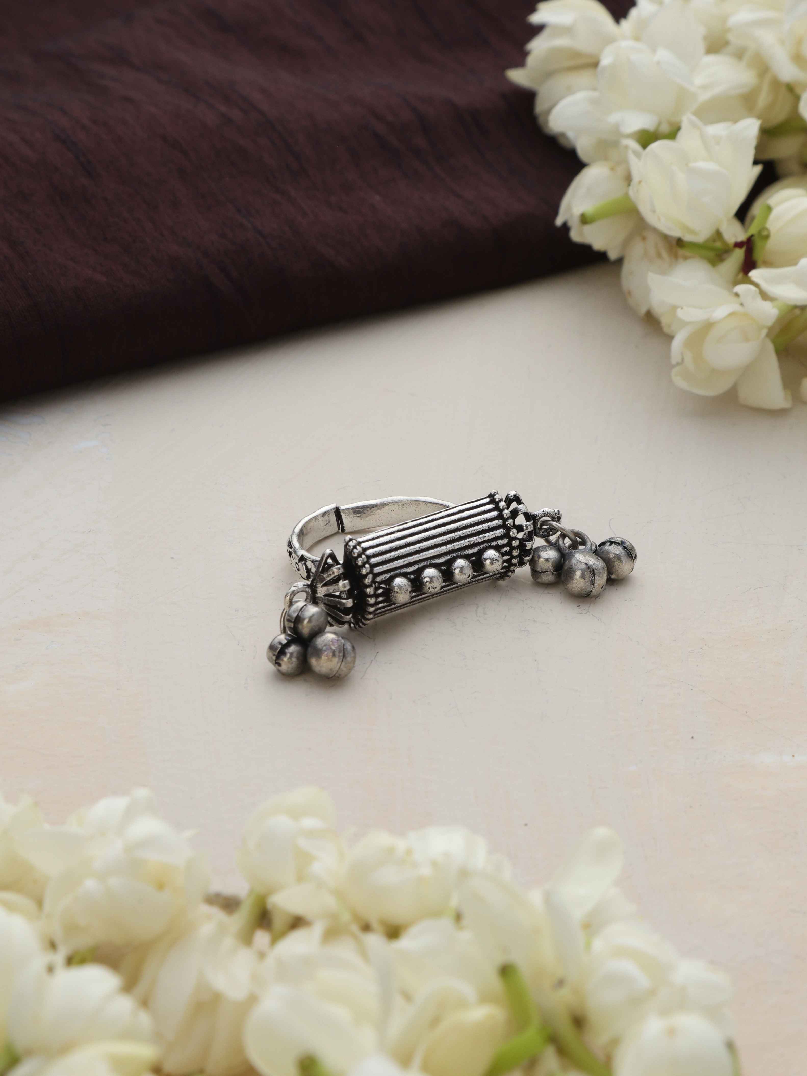 trueBrowns Silver Tone Rectangular Ghungroo Ring - view 2