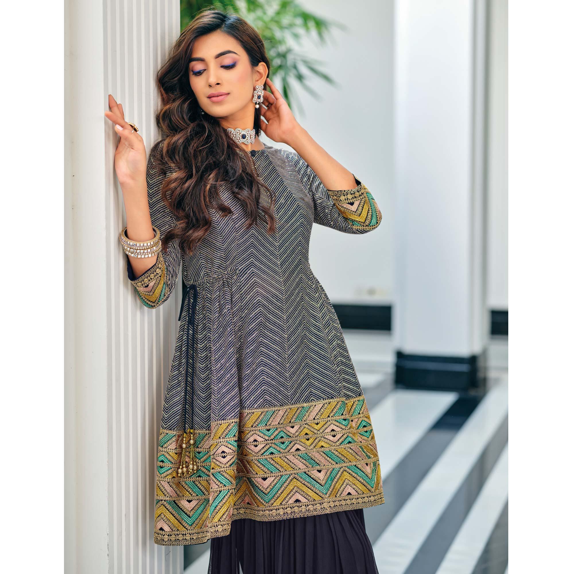 BlackTree grey-party-wear-embroidered-georgette-sharara-suit-139623 - view 2