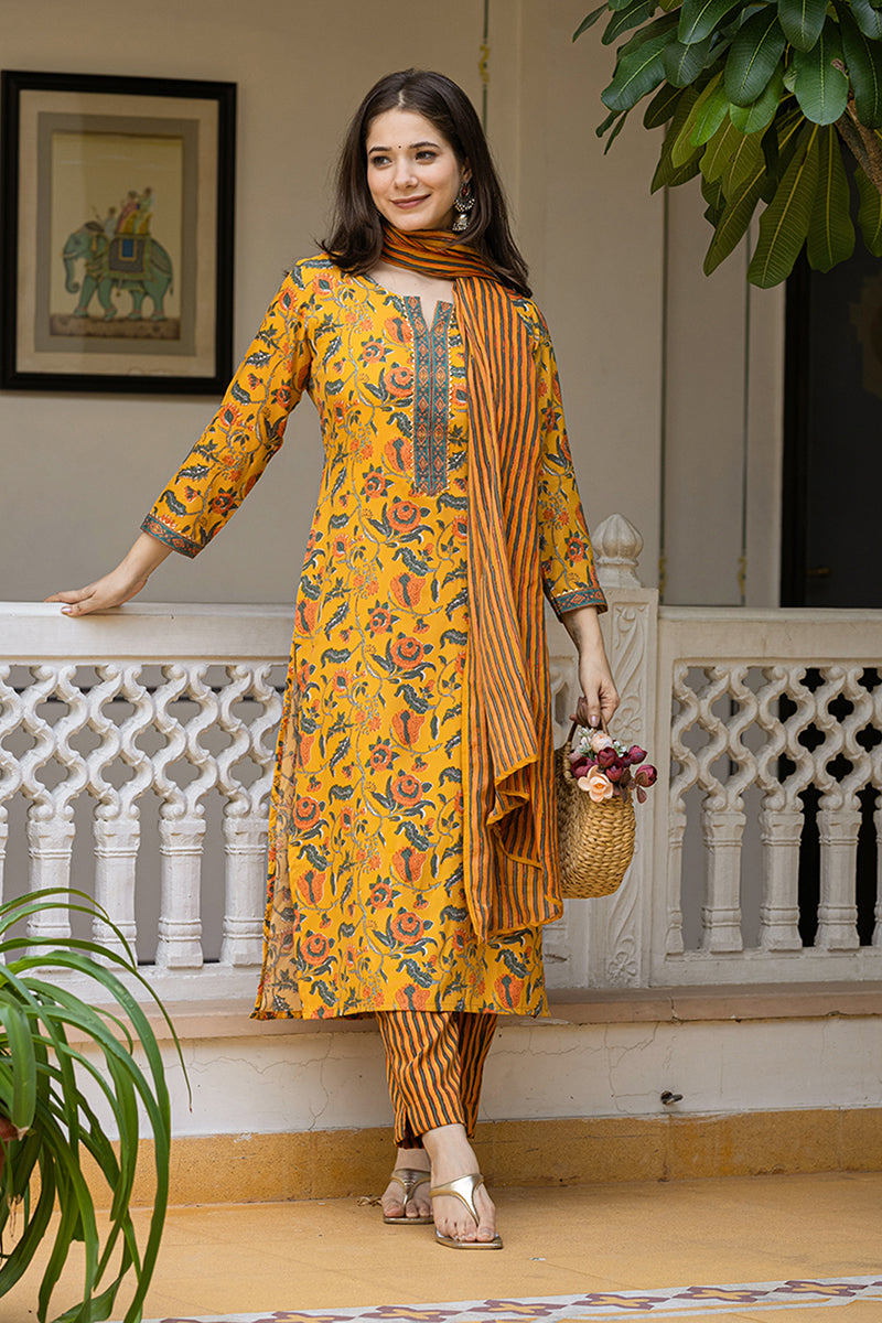 Ahika Yellow Rayon Blend Floral Printed Straight Trouser Suit Set VKSKD2256