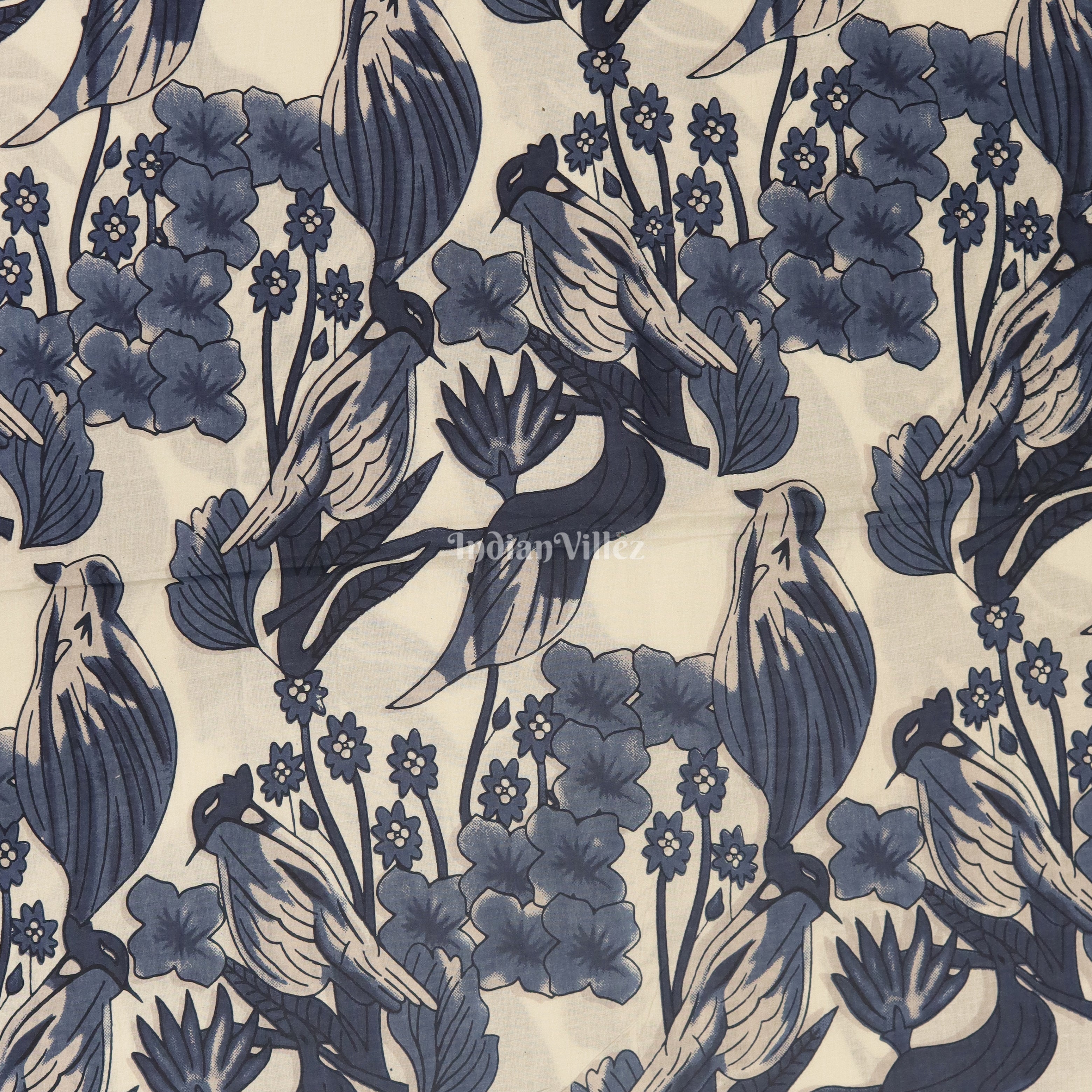 IndianVillèz White Blue Bird Hand Block Printed Cotton Fabric - view 2