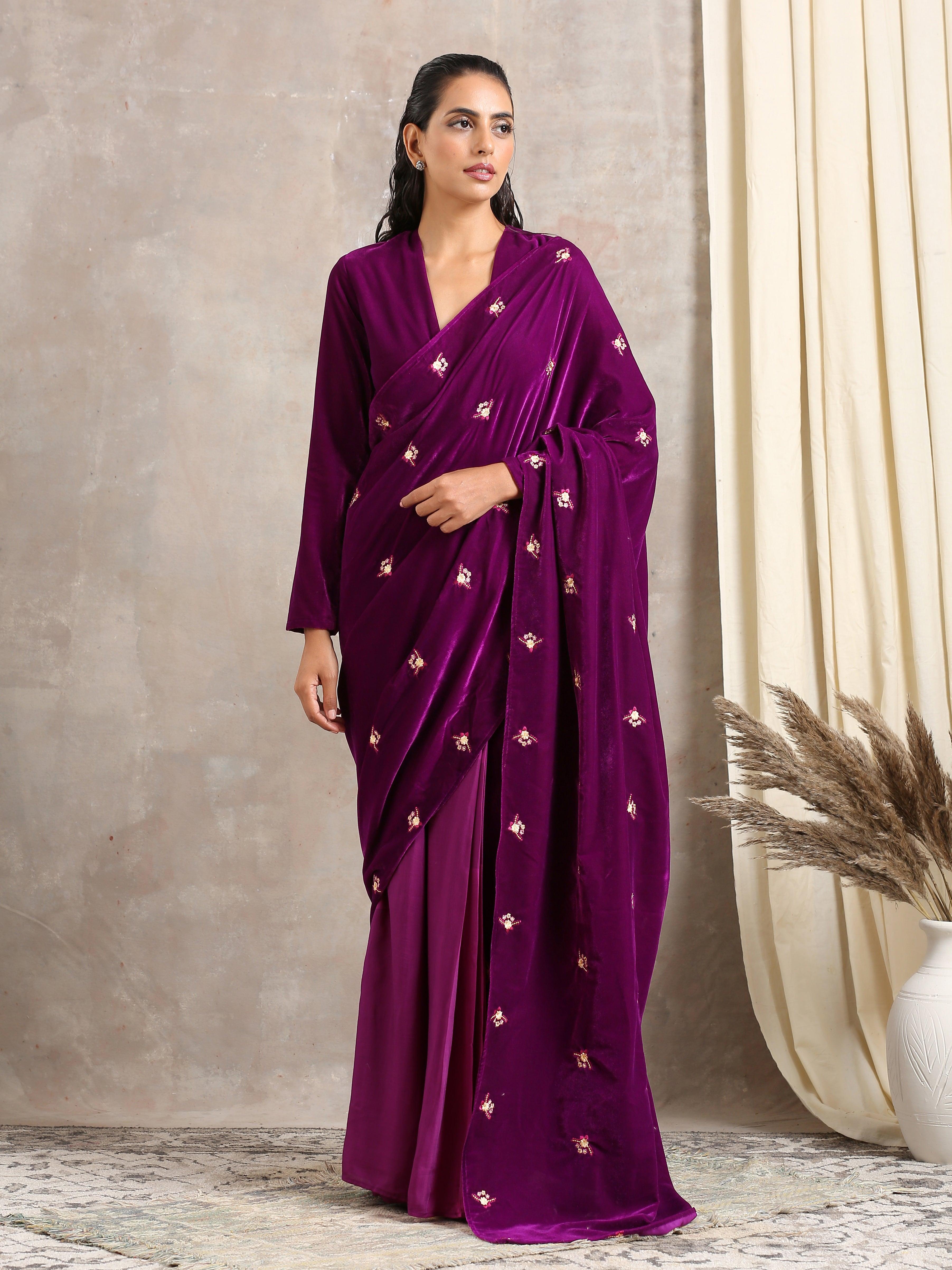 trueBrowns Wine Velvet Silk Embroidered Ready To Wear Saree - view 5