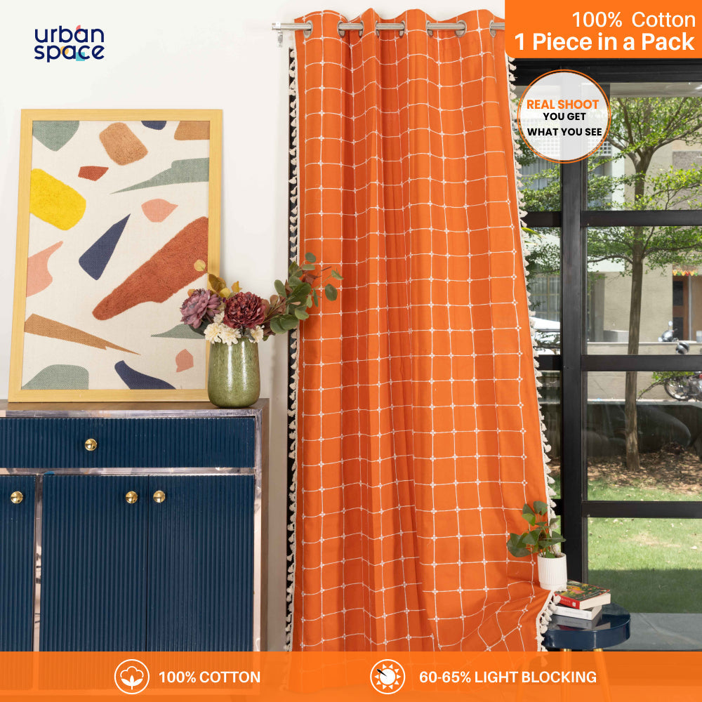 Urban Space -Home Furnishing Store Premium 100% Cotton Embroidery Curtain for Window & Door - Pack of 1 Curtain, Burnt Orange Checkers - view 2