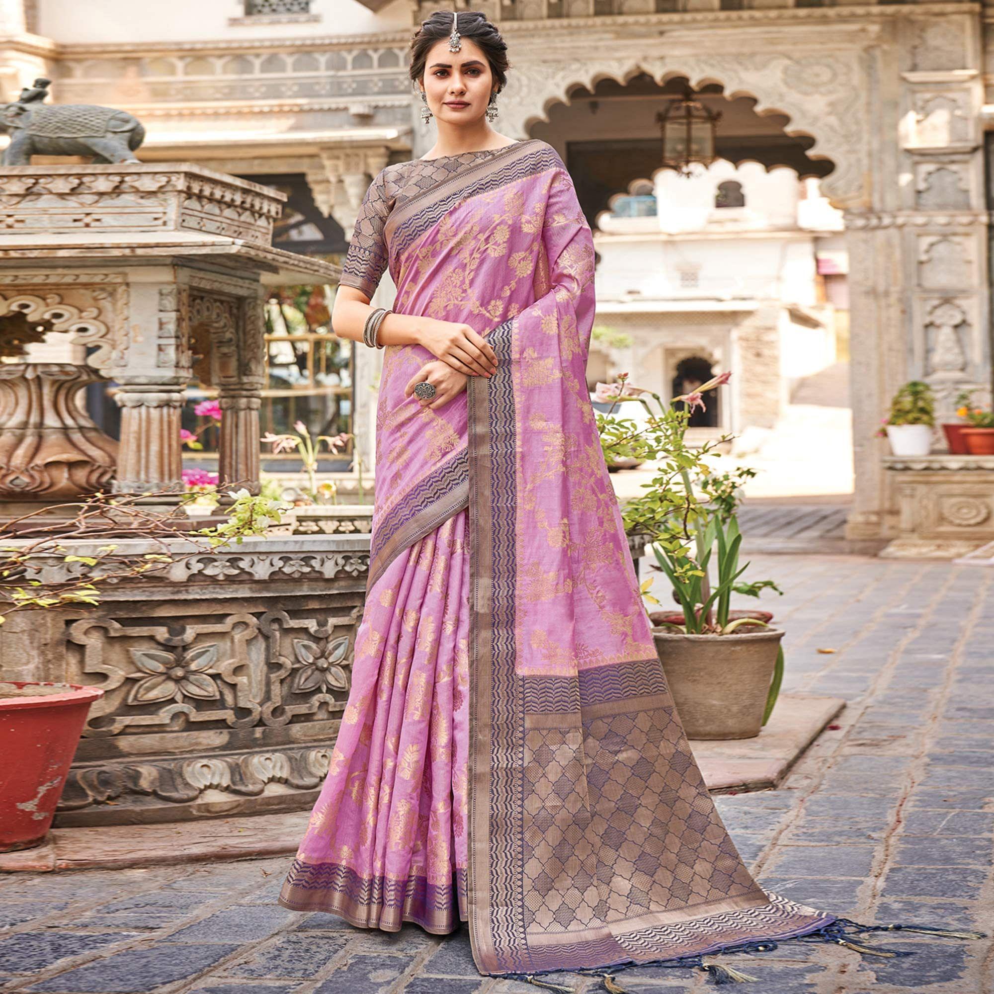 Peachmode Lavender Floral Woven Pure Silk Saree