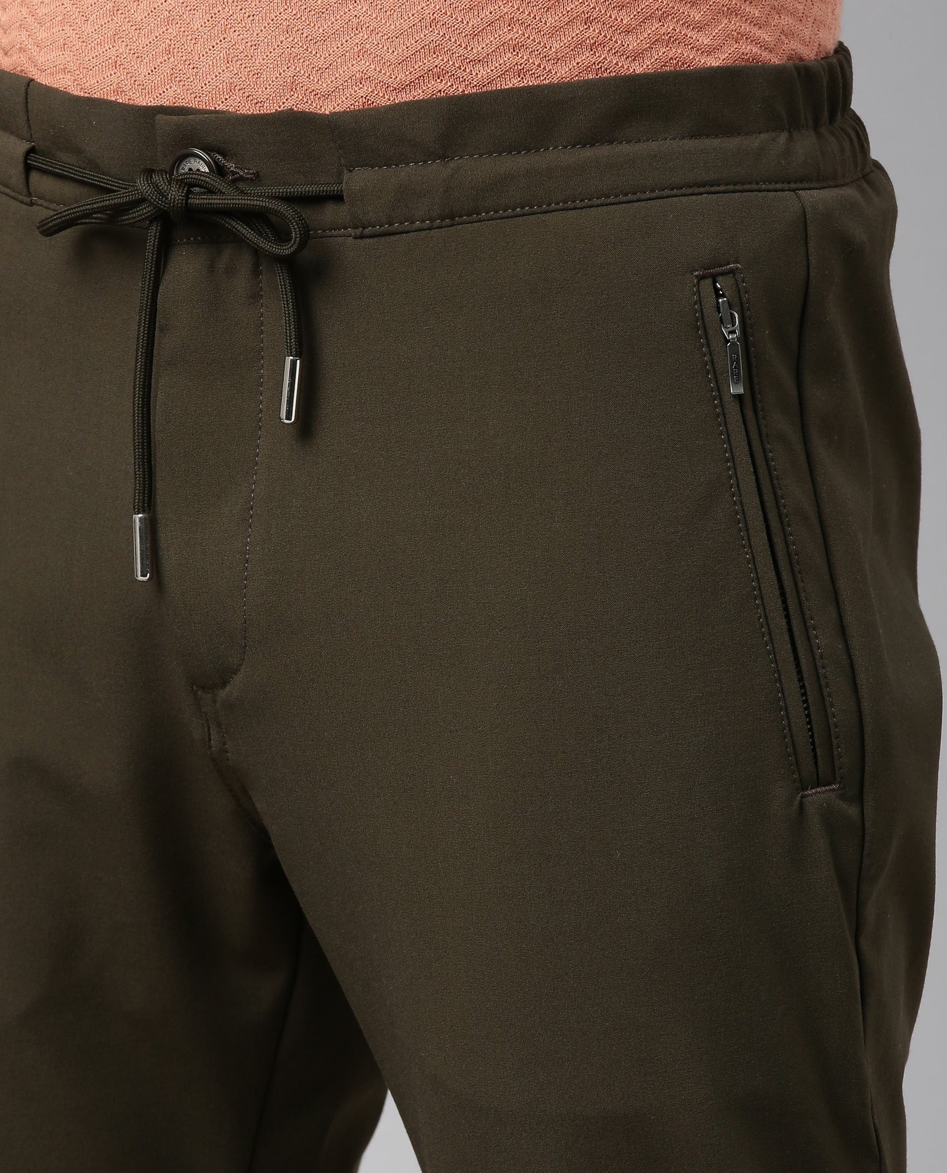 Rare Rabbit Men's Move Olive Trouser Solid Slim Fit Mid Rise