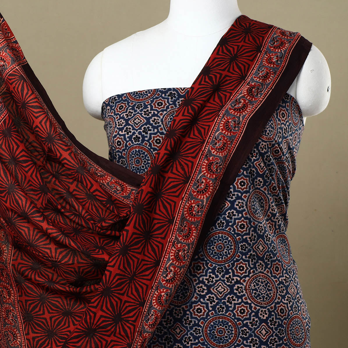 AJRAKH BY SUFIYAN ISMAIL KHATRI Blue - Ajrakh Block Printed Cotton 3pc Suit Material Set - view 3