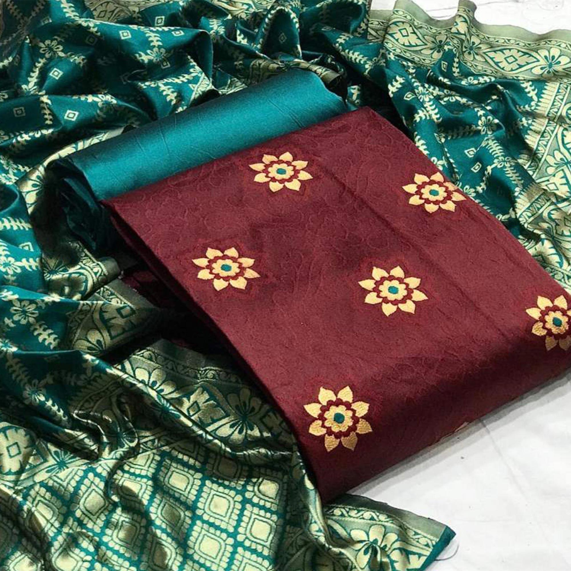 Peachmode Intricate Maroon Colored Casual Wear Banarasi Silk Dress Material