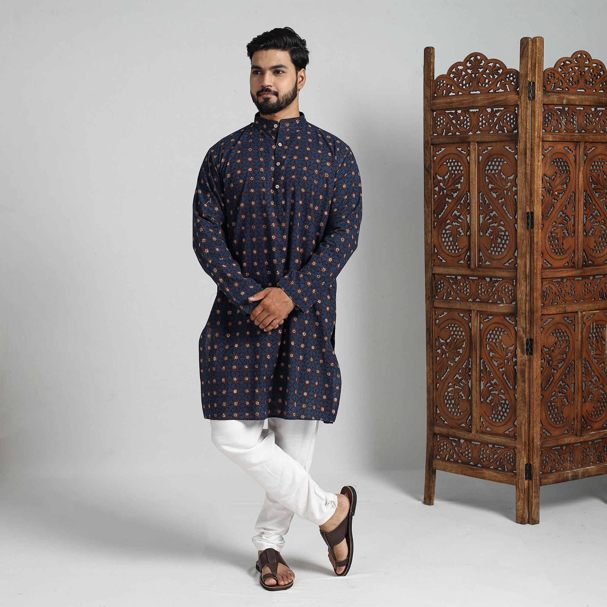 ITOKRI CASUALS Ajrakh Block Printed Cotton Men Long Kurta 12 - view 2