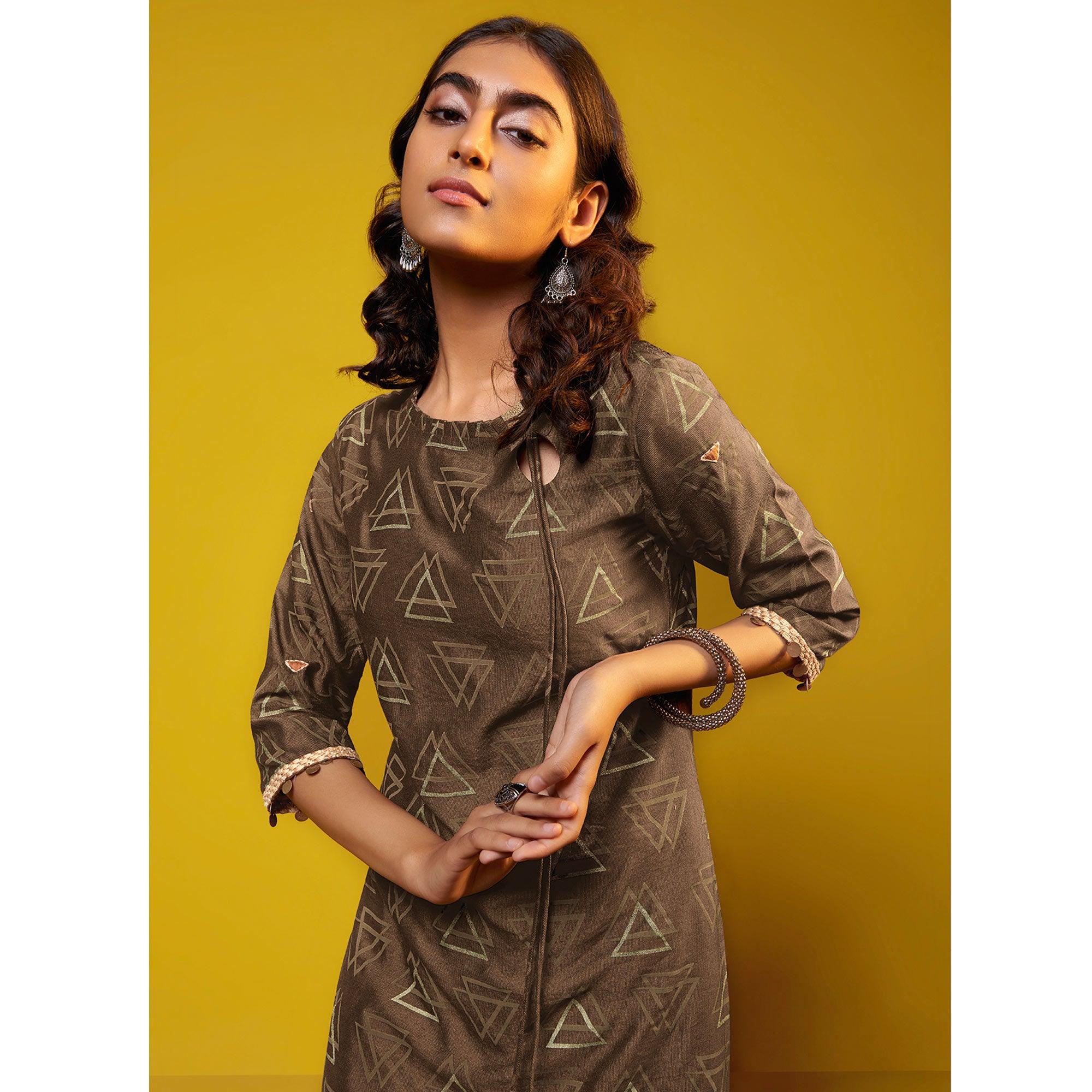 Peachmode Flattering Brown Colored Casual Printed Cotton Silk Kurti-Bottom Set - view 2