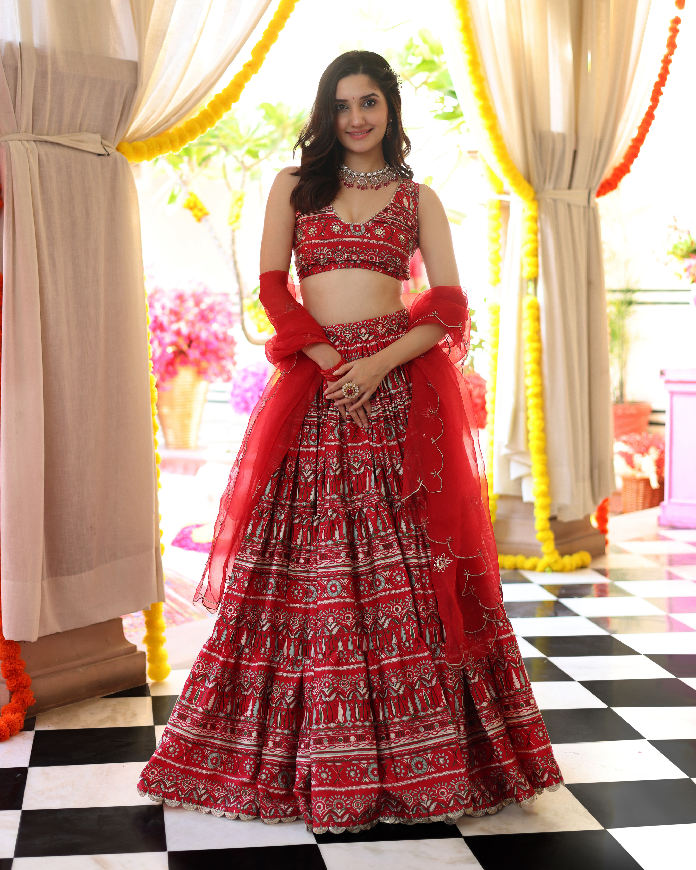 Aachho Red Hibiscus Haven Printed Satin Lehenga Set