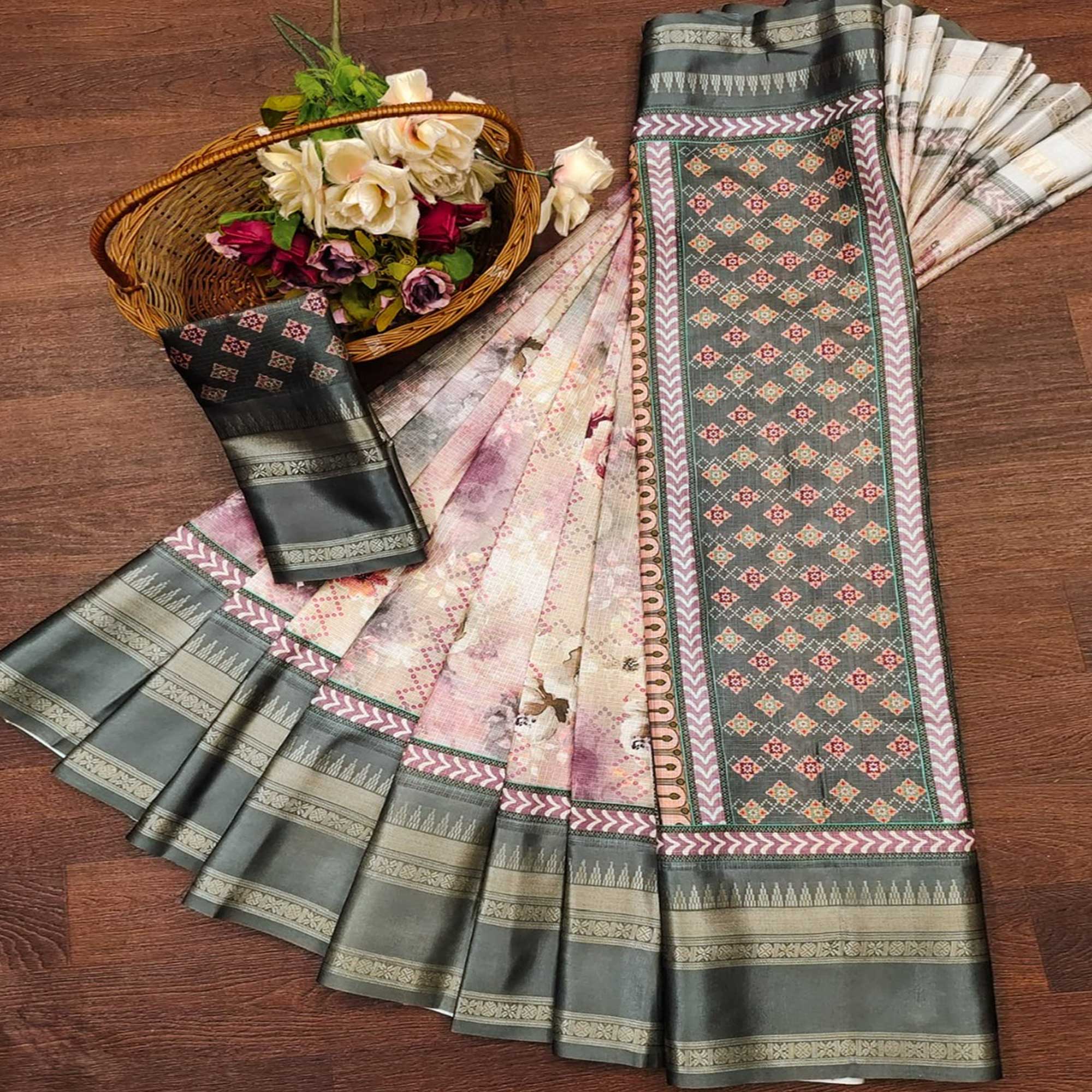 Peachmode Light Grey Floral Digital Printed Cotton Silk Saree