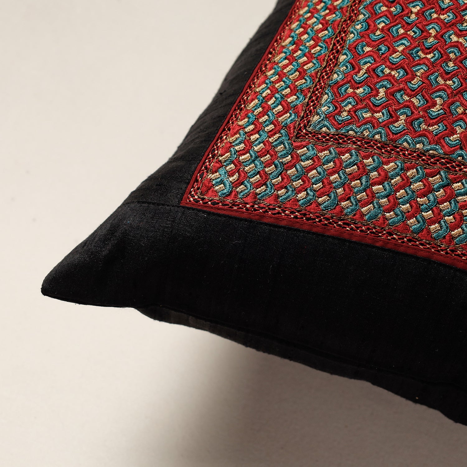 QASAB Black - Kutch Neran Hand Embroidery Raw Silk Cushion Cover (16 x 16 in) - view 2